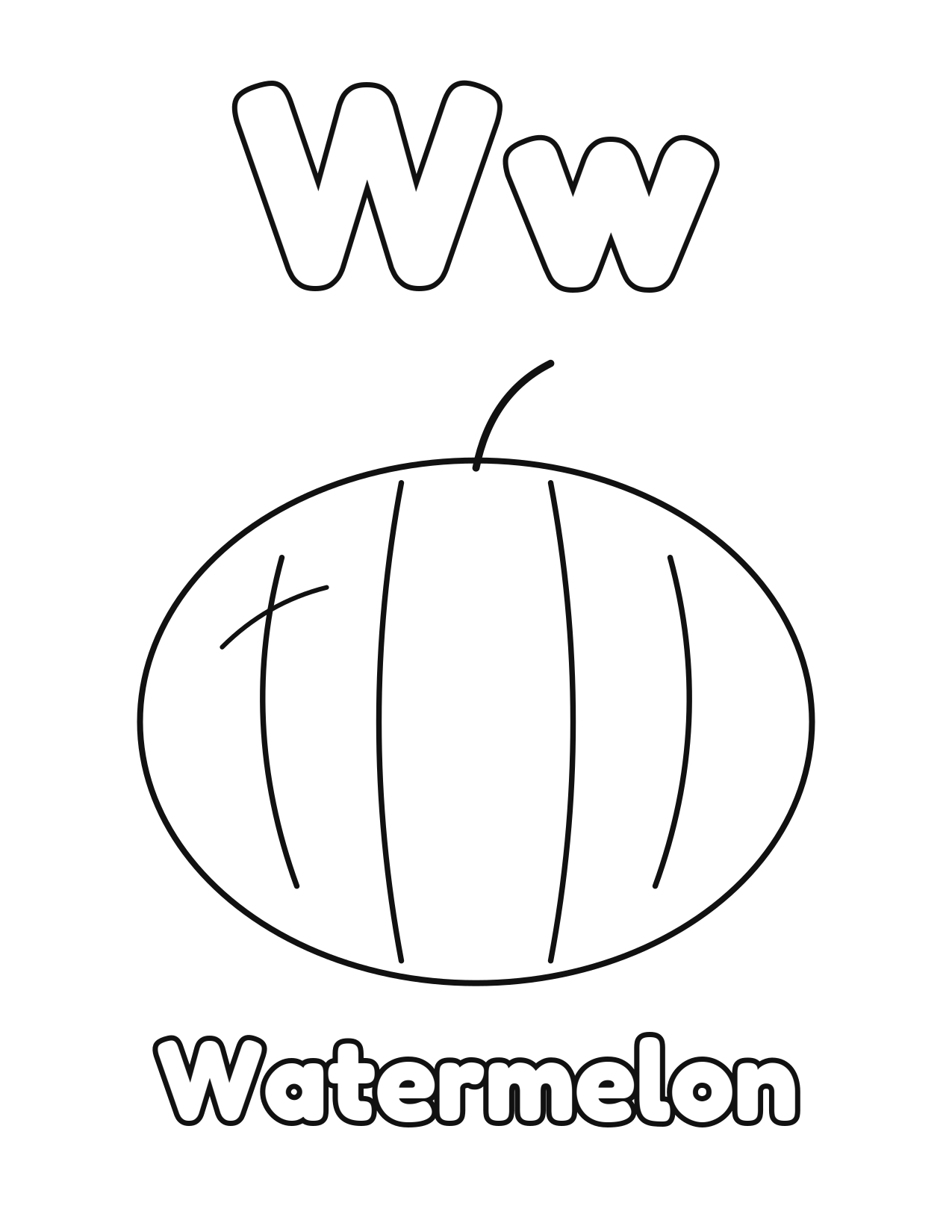 W is for Watermelon fruit and vegetable alphabet coloring page with watermelon to color