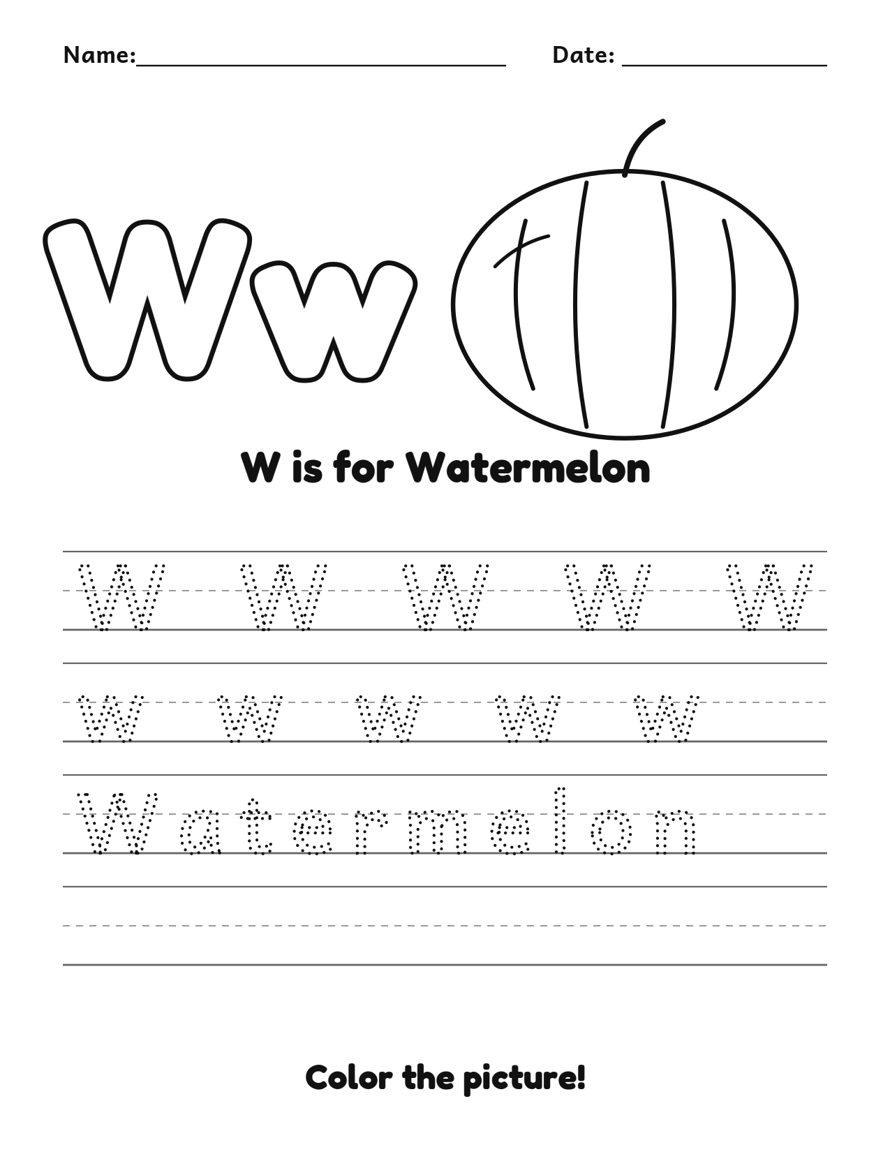 W is for Watermelon fruit and vegetable tracing worksheet with a watermelon picture and writing lines