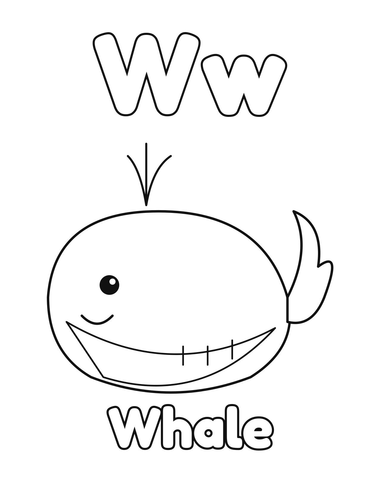 W is for Whale animal alphabet coloring page with a cute whale to color