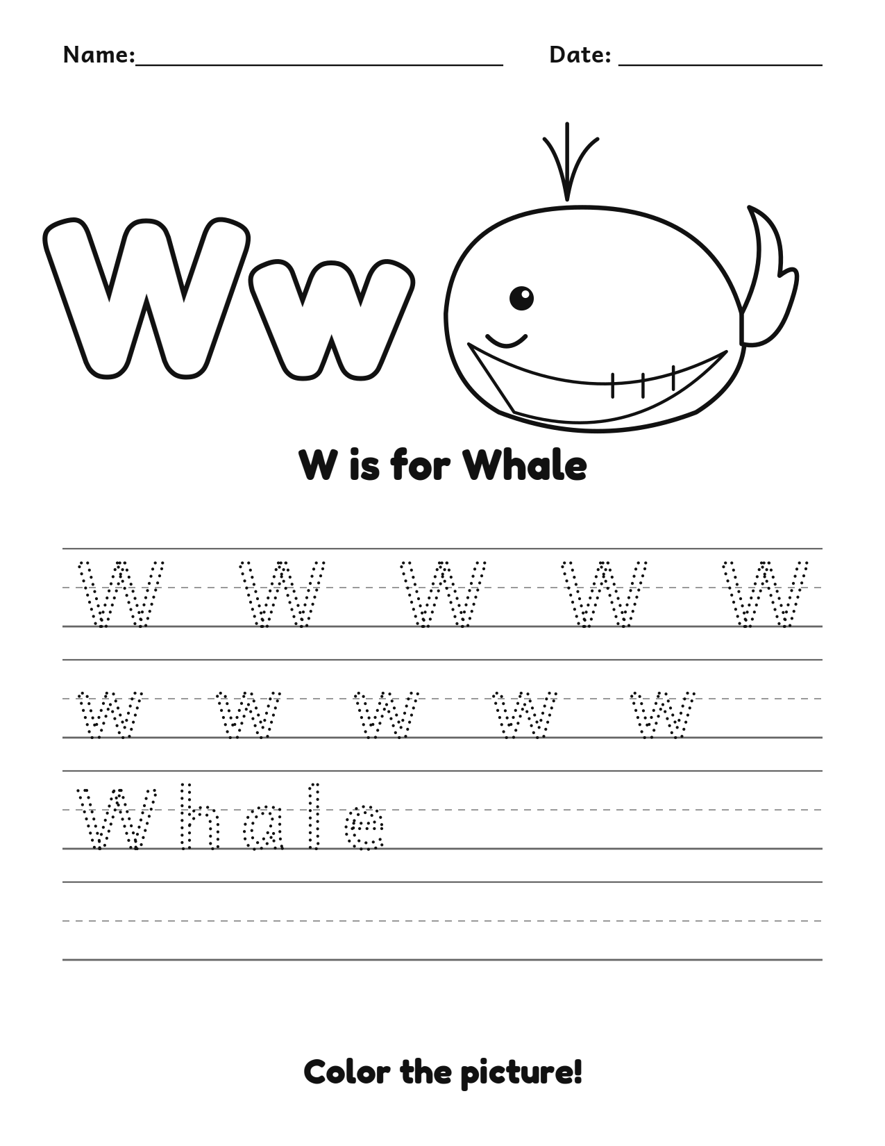 W is for Whale animal alphabet tracing worksheet with a whale picture and writing lines