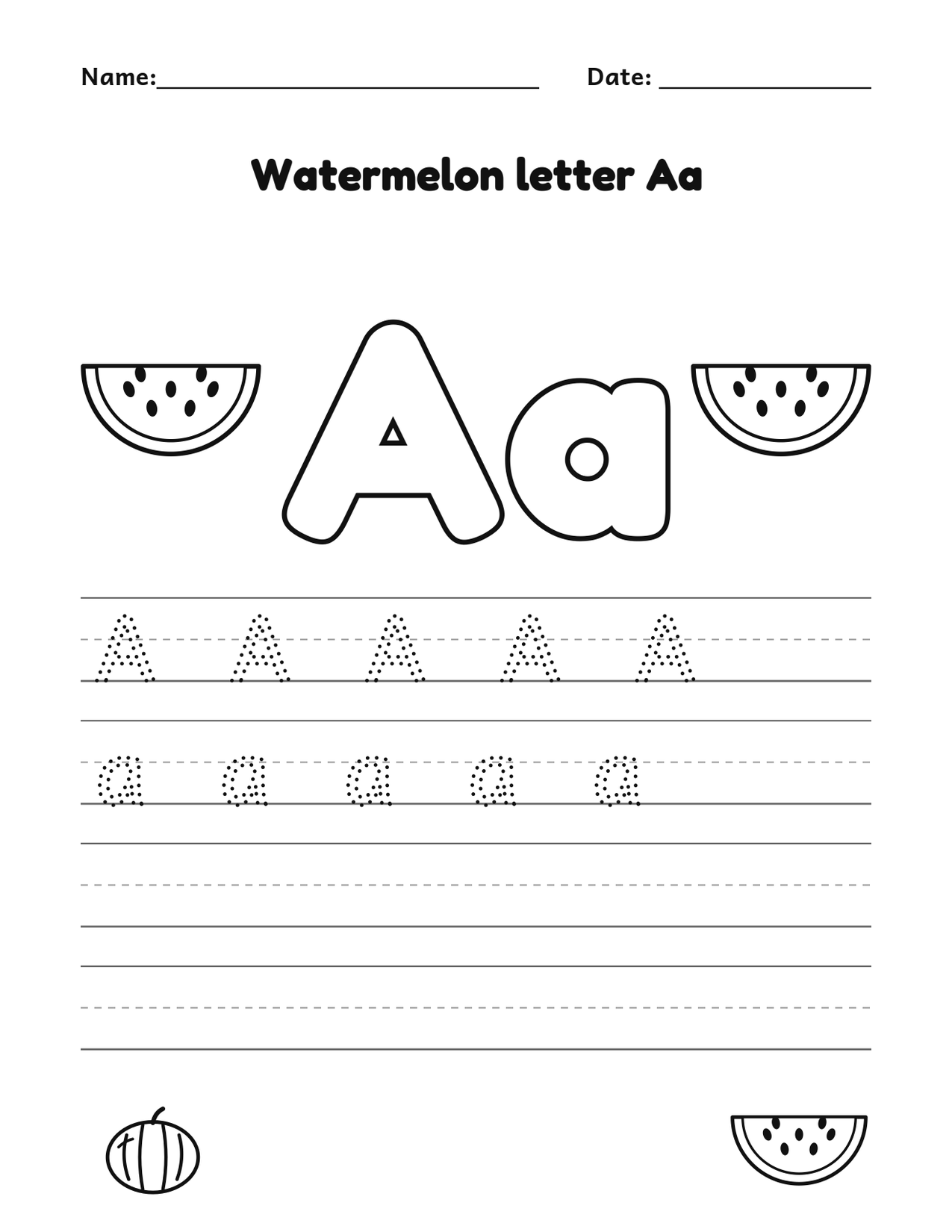 Watermelon letter Aa alphabet tracing and coloring page with watermelon slices