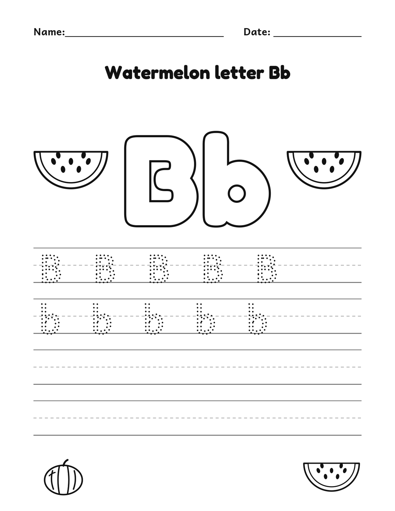 Watermelon letter Bb alphabet tracing and coloring page with watermelon slices