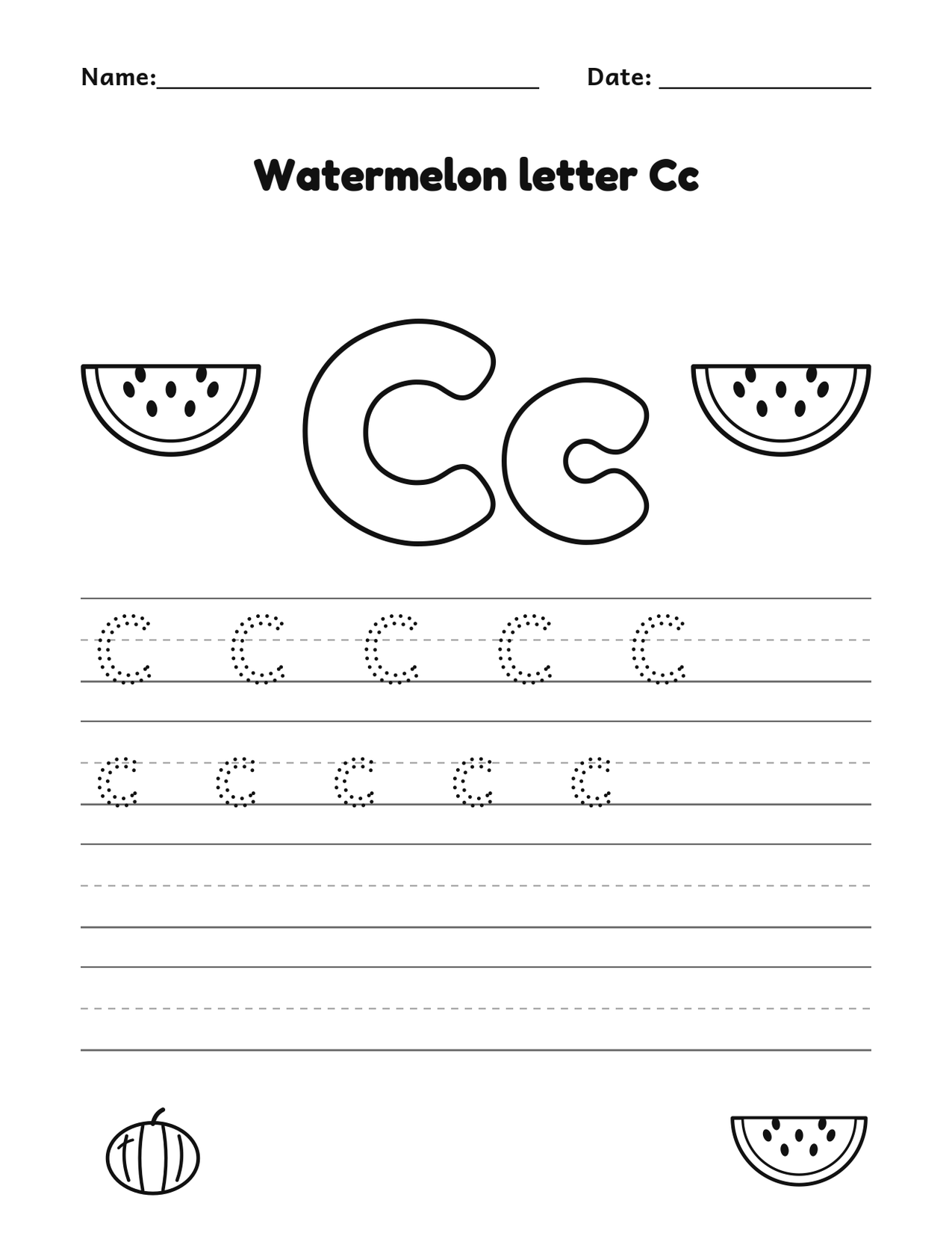 Watermelon letter Cc alphabet tracing and coloring page with watermelon slices