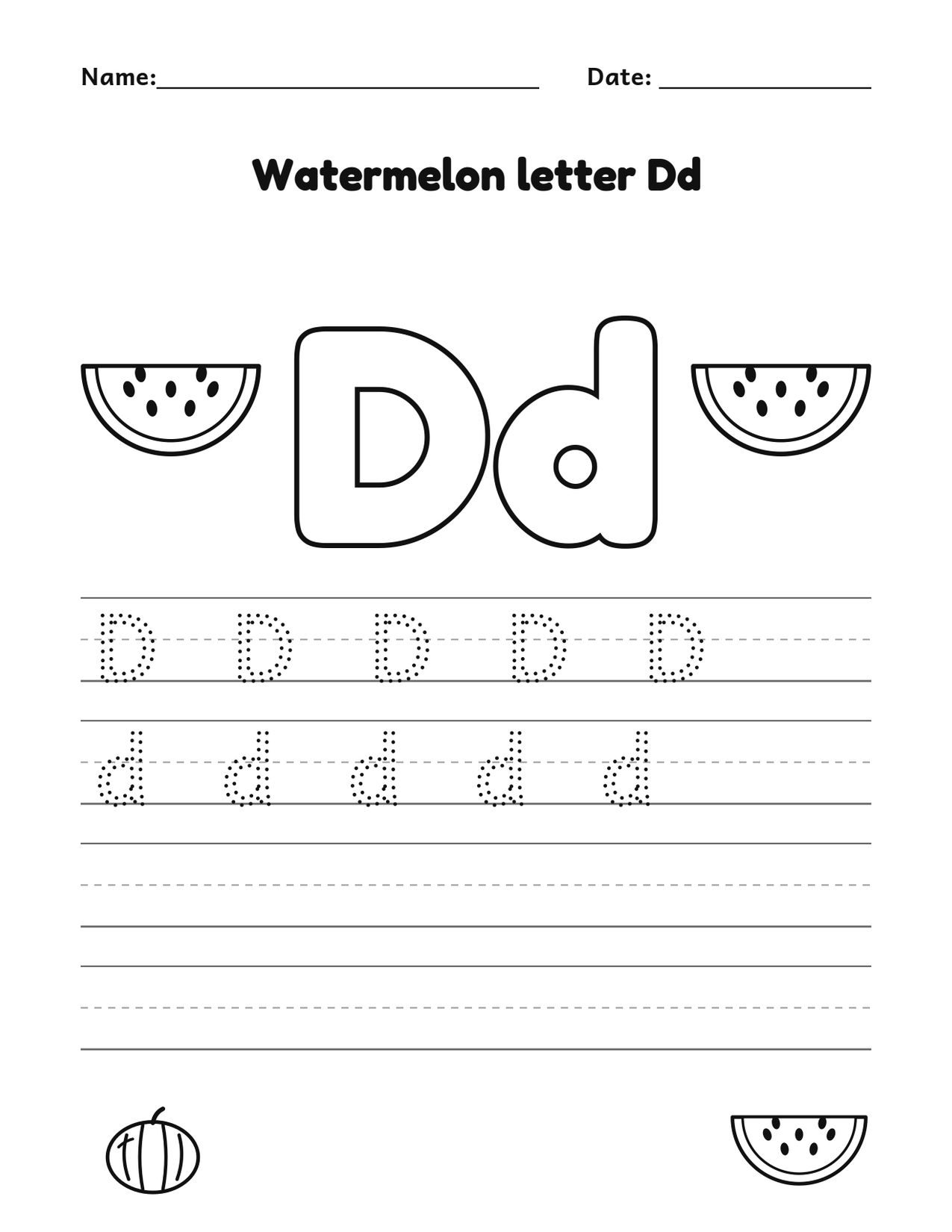 Watermelon letter Dd alphabet tracing and coloring page with watermelon slices