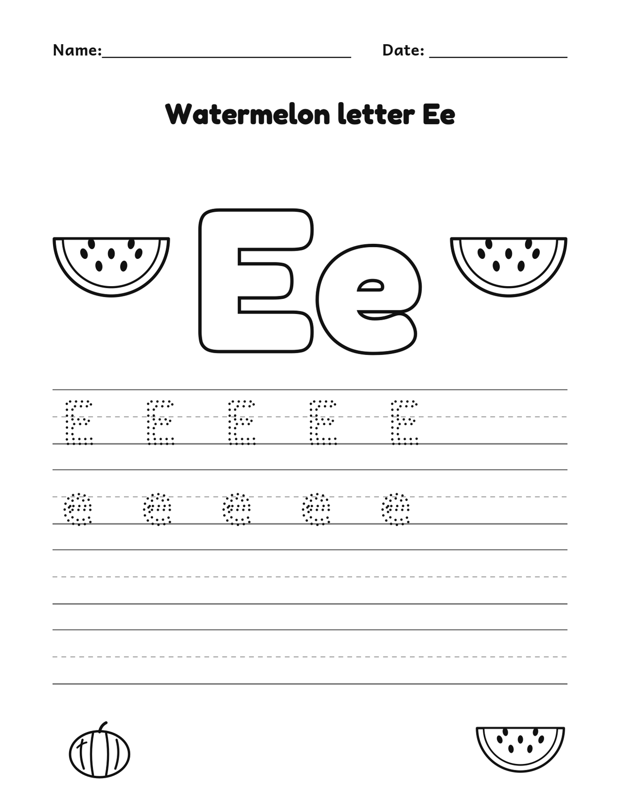 Watermelon letter Ee alphabet tracing and coloring page with watermelon slices