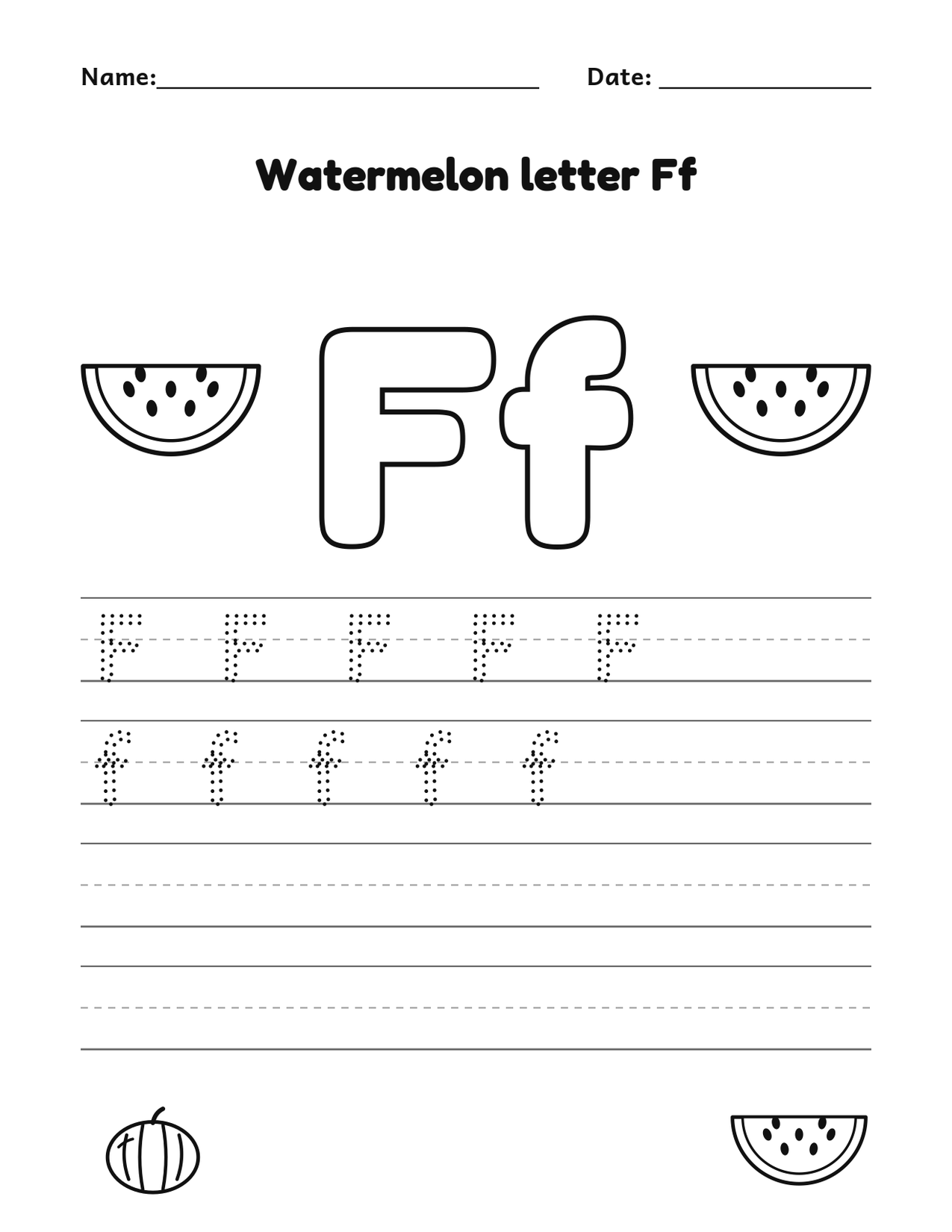 Watermelon letter Ff alphabet tracing and coloring page with watermelon slices