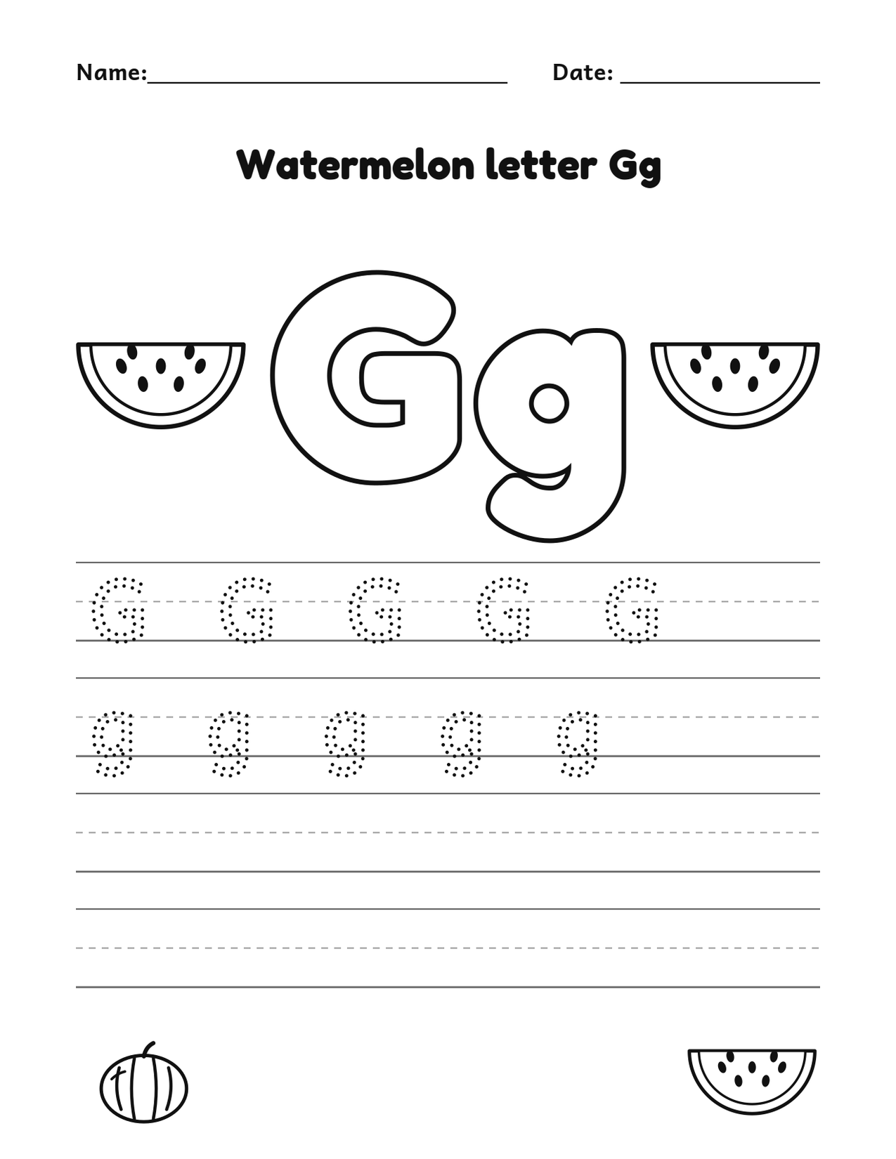 Watermelon letter Gg alphabet tracing and coloring page with watermelon slices