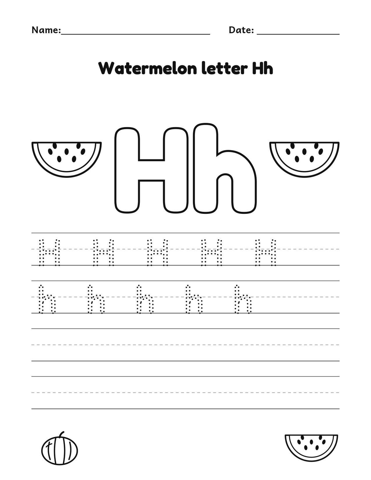 Watermelon letter Hh alphabet tracing and coloring page with watermelon slices