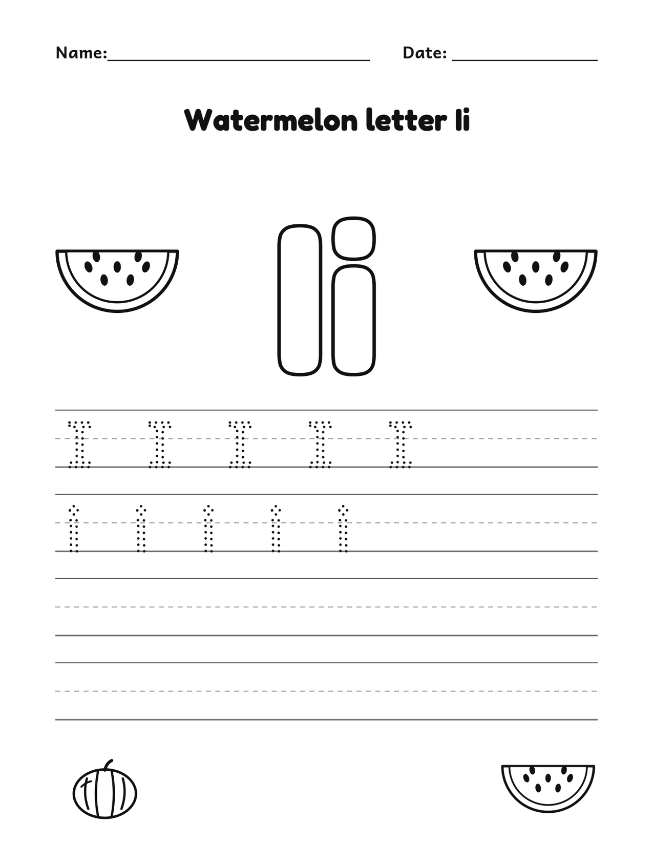 Watermelon letter Ii alphabet tracing and coloring page with watermelon slices