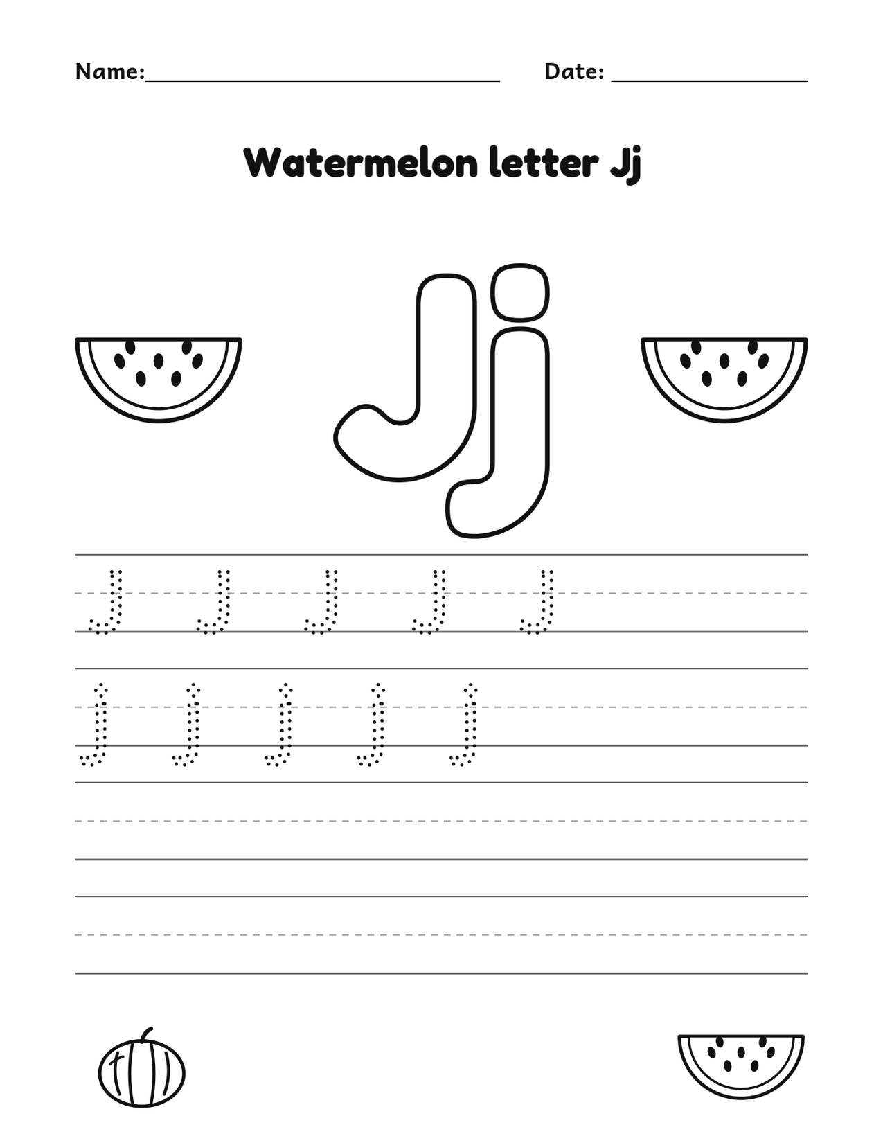 Watermelon letter Jj alphabet tracing and coloring page with watermelon slices