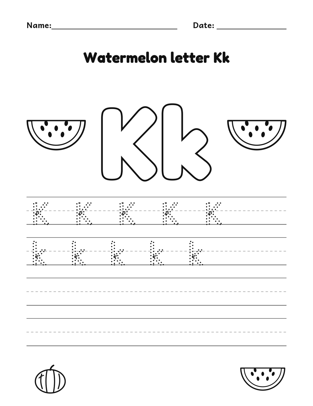 Watermelon letter Kk alphabet tracing and coloring page with watermelon slices