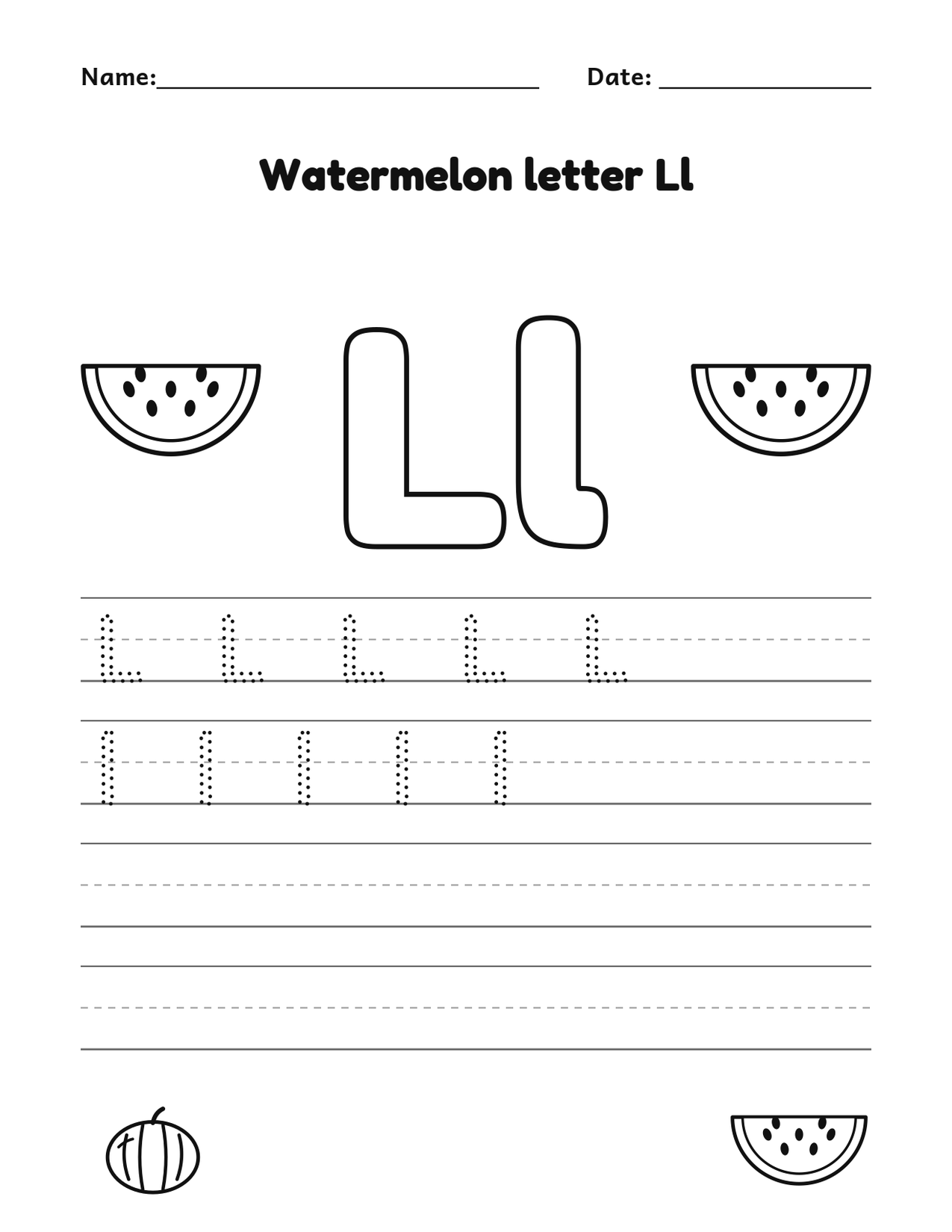 Watermelon letter Ll alphabet tracing and coloring page with watermelon slices