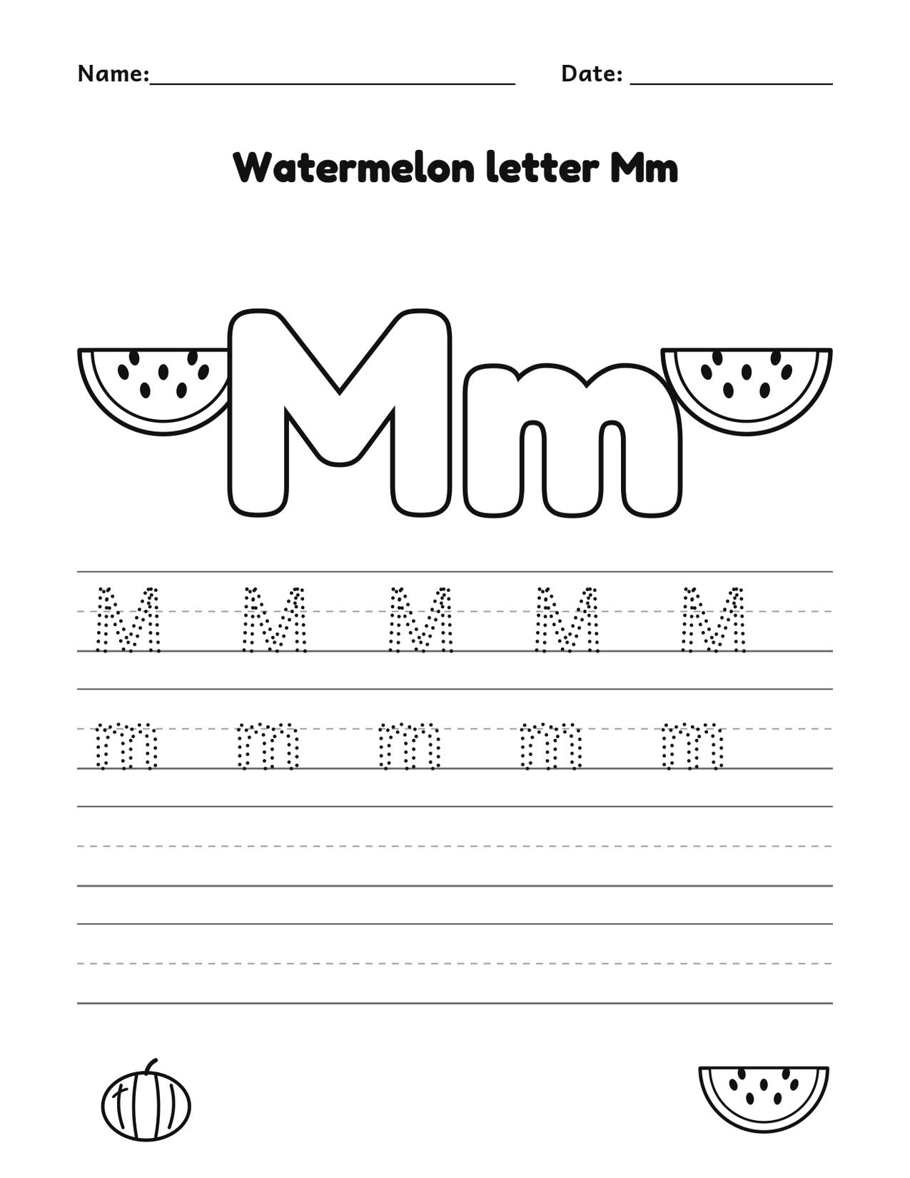 Watermelon letter Mm alphabet tracing and coloring page with watermelon slices