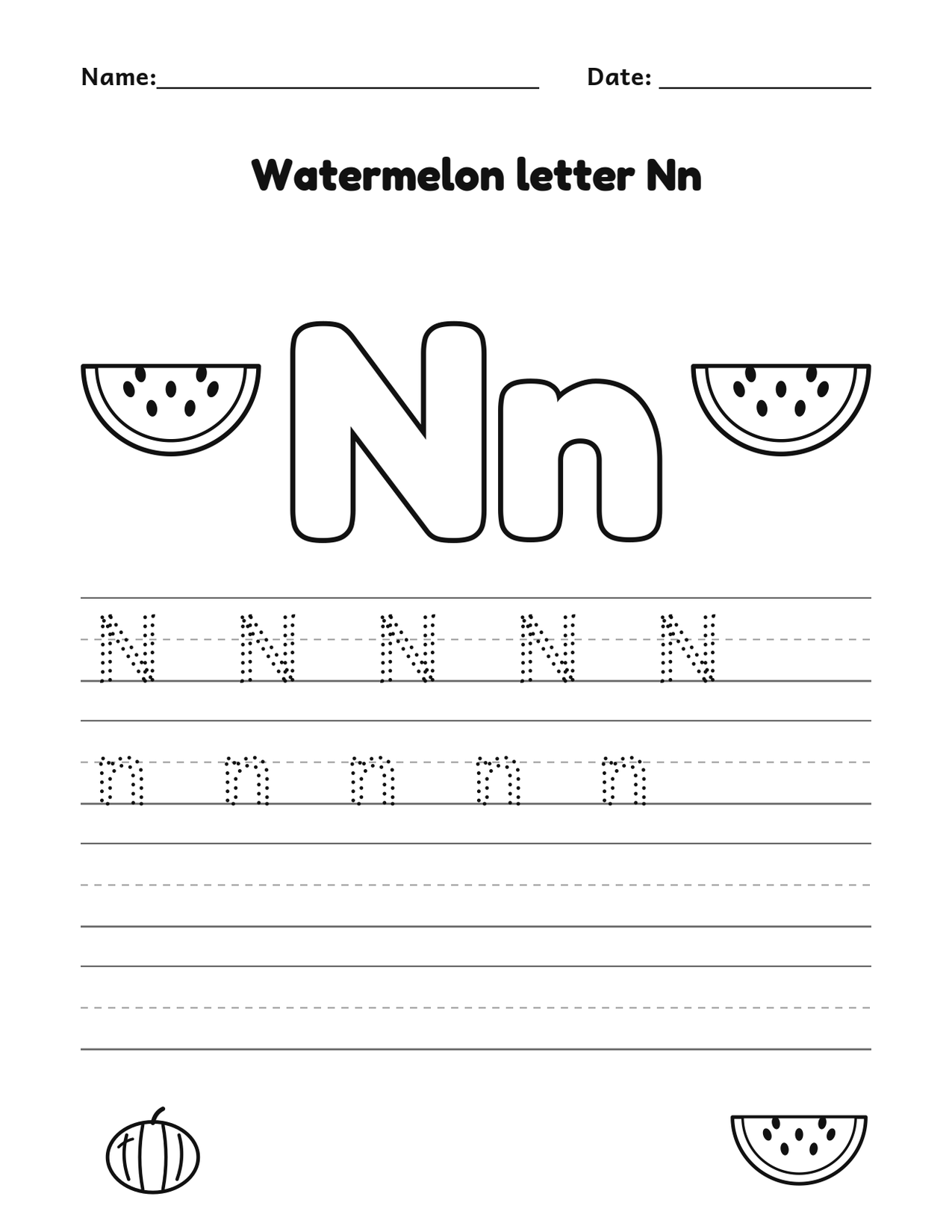 Watermelon letter Nn alphabet tracing and coloring page with watermelon slices
