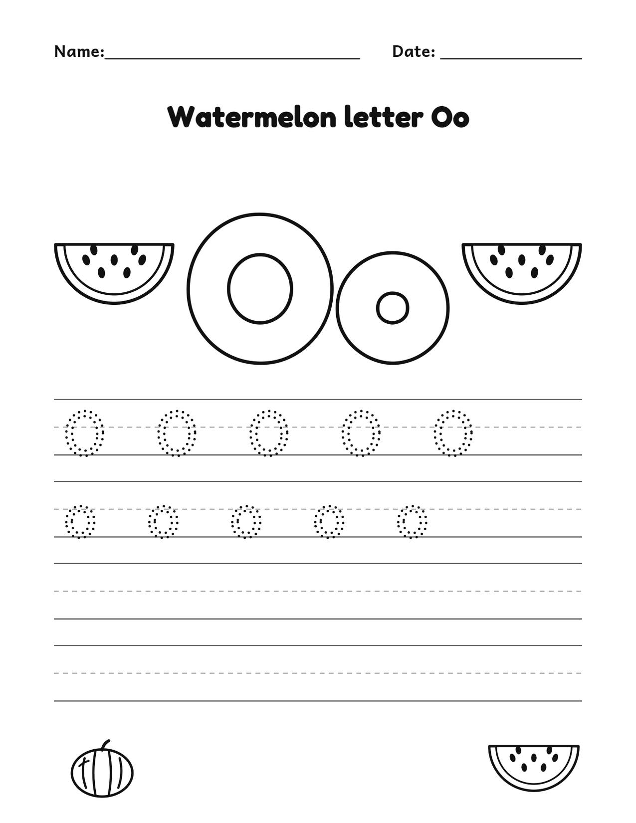 Watermelon letter Oo alphabet tracing and coloring page with watermelon slices