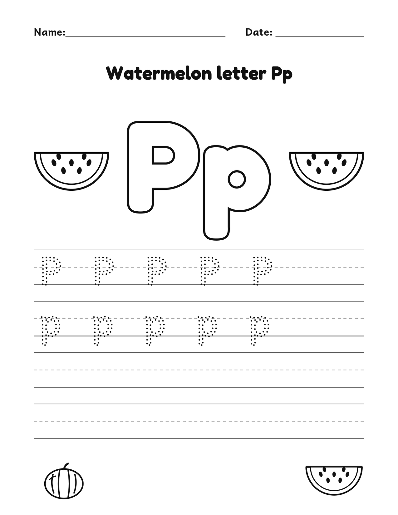 Watermelon letter Pp alphabet tracing and coloring page with watermelon slices
