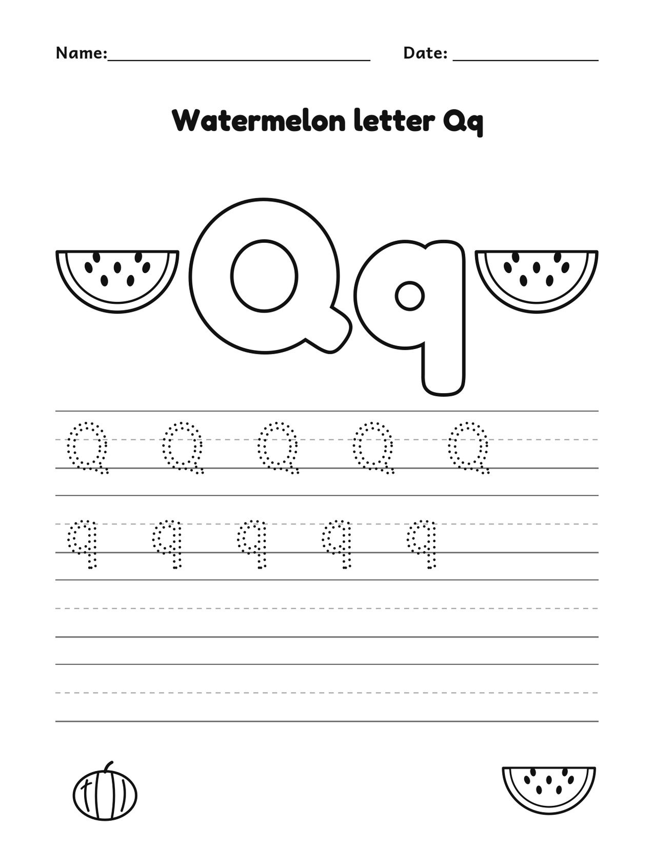 Watermelon letter Qq alphabet tracing and coloring page with watermelon slices
