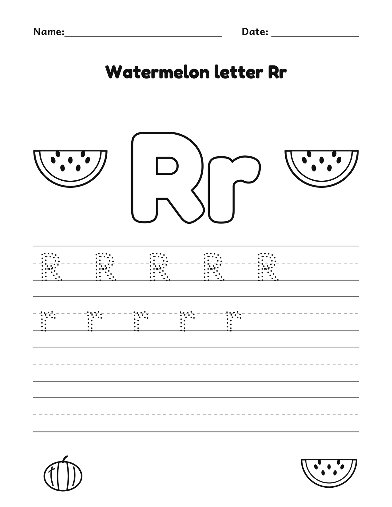 Watermelon letter Rr alphabet tracing and coloring page with watermelon slices