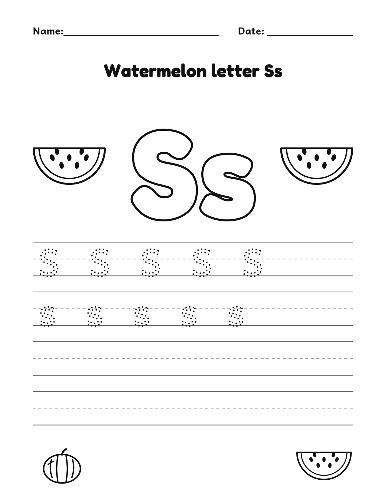 Watermelon letter Ss alphabet tracing and coloring page with watermelon slices