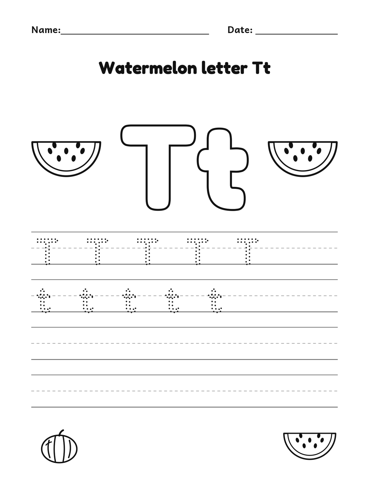 Watermelon letter Tt alphabet tracing and coloring page with watermelon slices