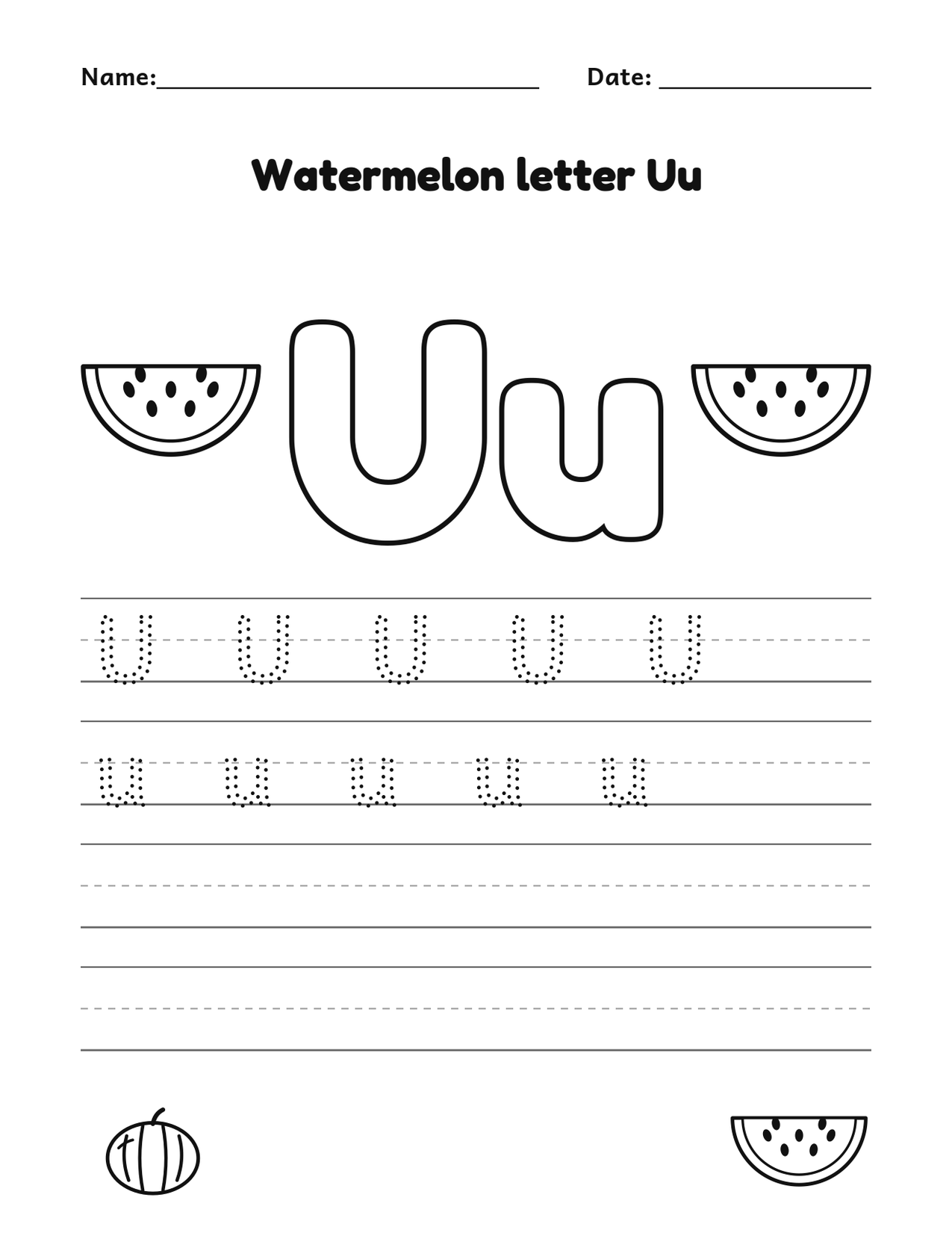 Watermelon letter Uu alphabet tracing and coloring page with watermelon slices