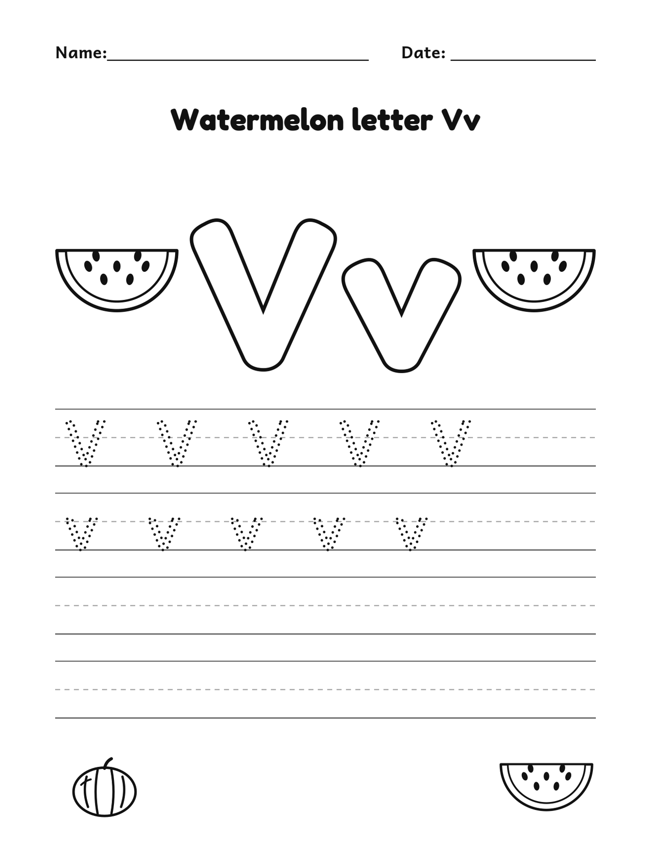 Watermelon letter Vv alphabet tracing and coloring page with watermelon slices