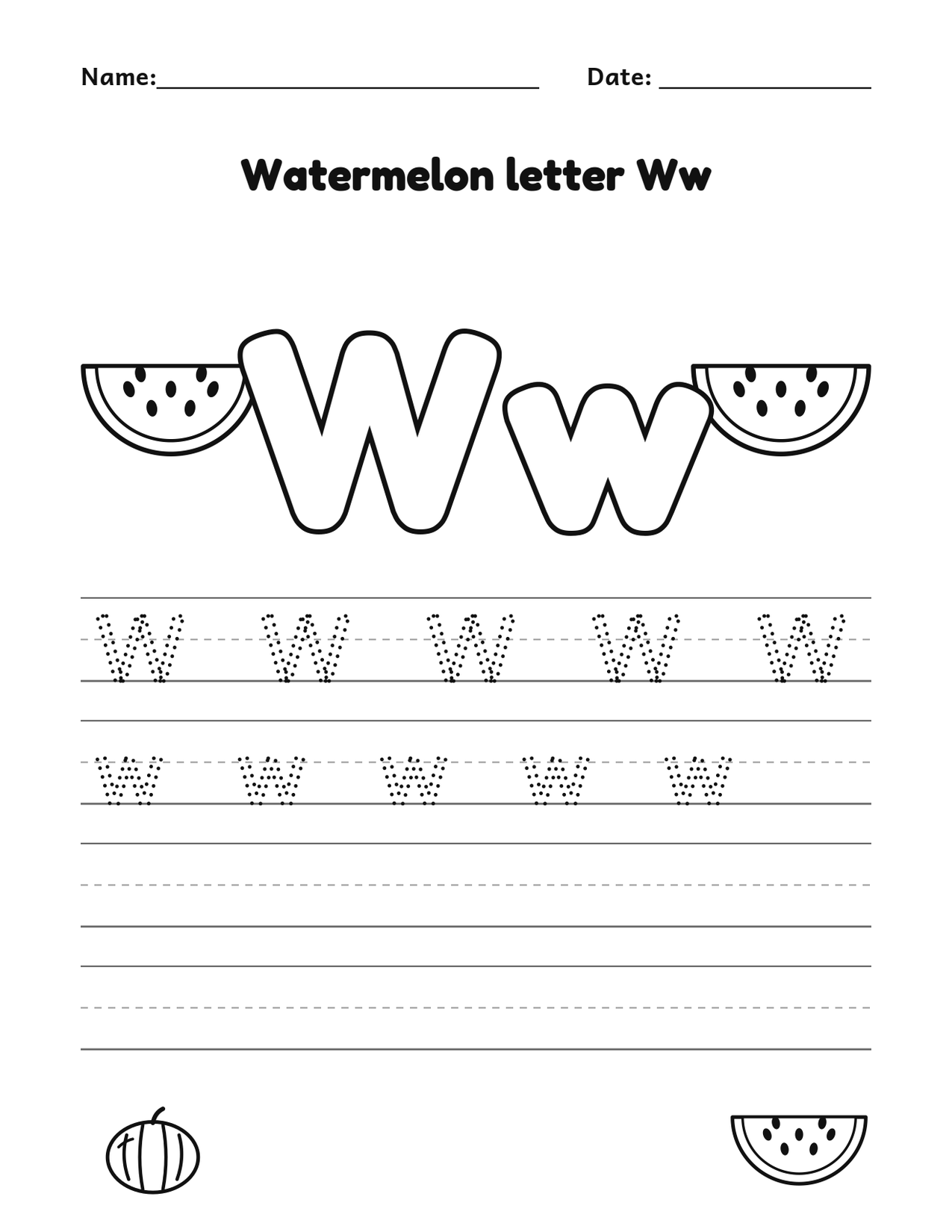 Watermelon letter Ww alphabet tracing and coloring page with watermelon slices