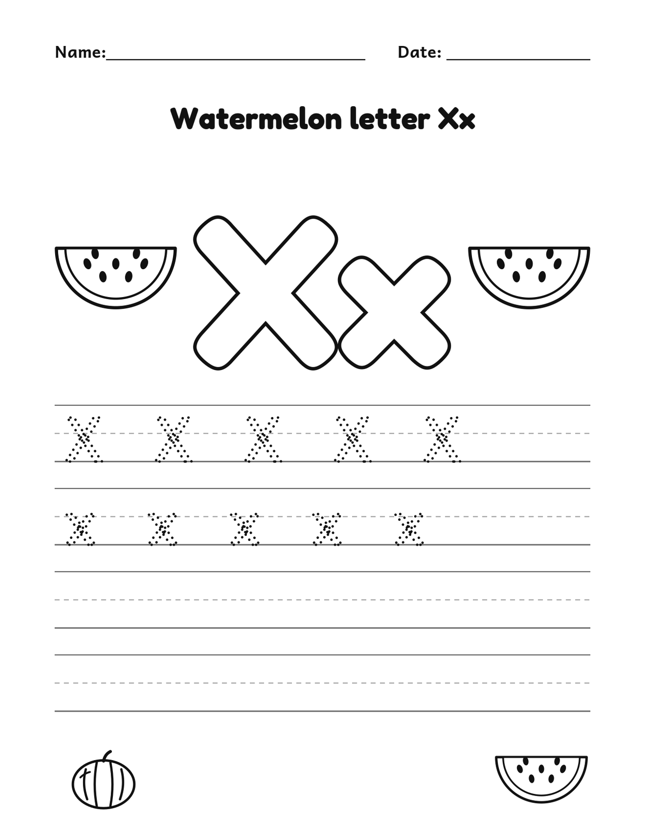 Watermelon letter Xx alphabet tracing and coloring page with watermelon slices