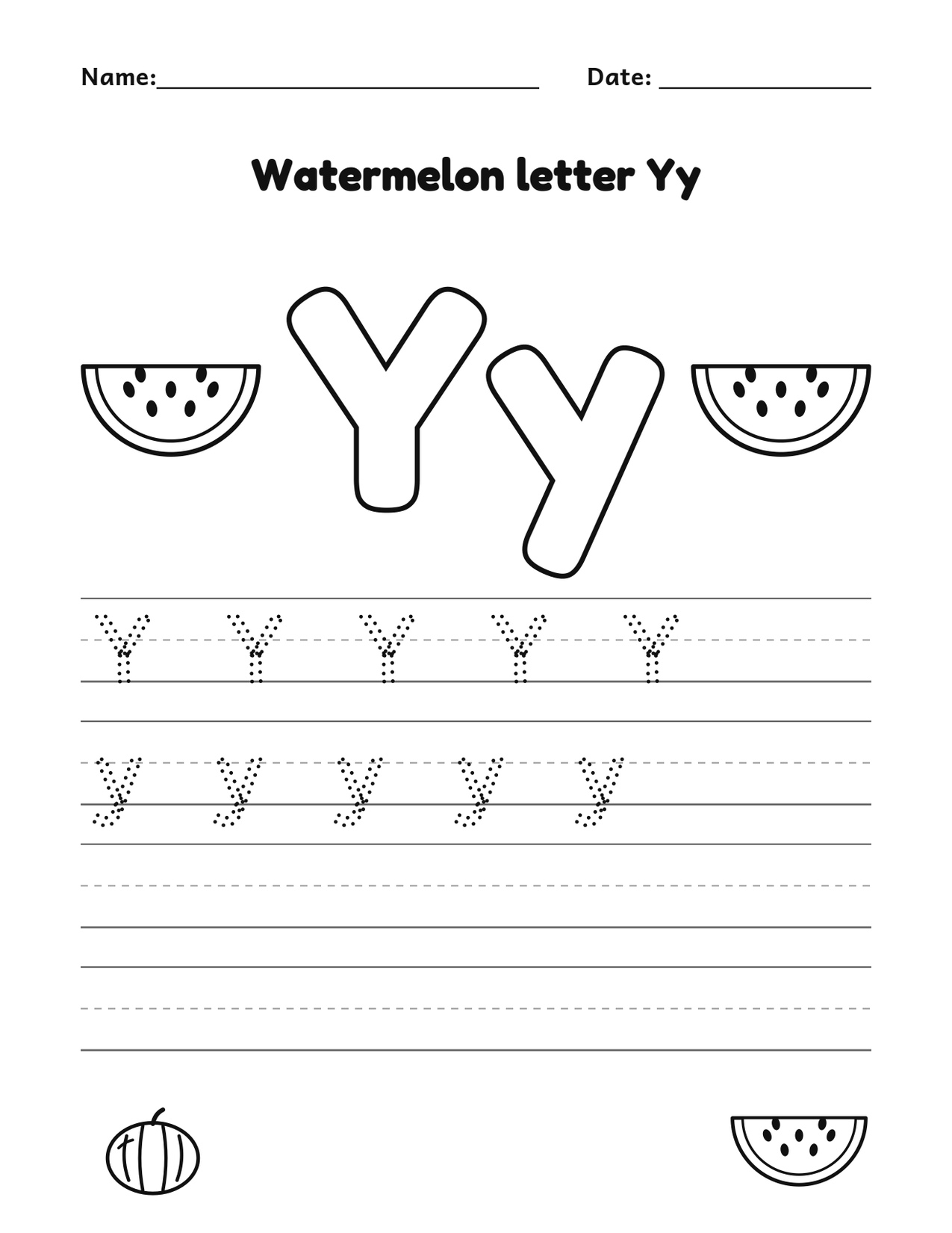 Watermelon letter Yy alphabet tracing and coloring page with watermelon slices