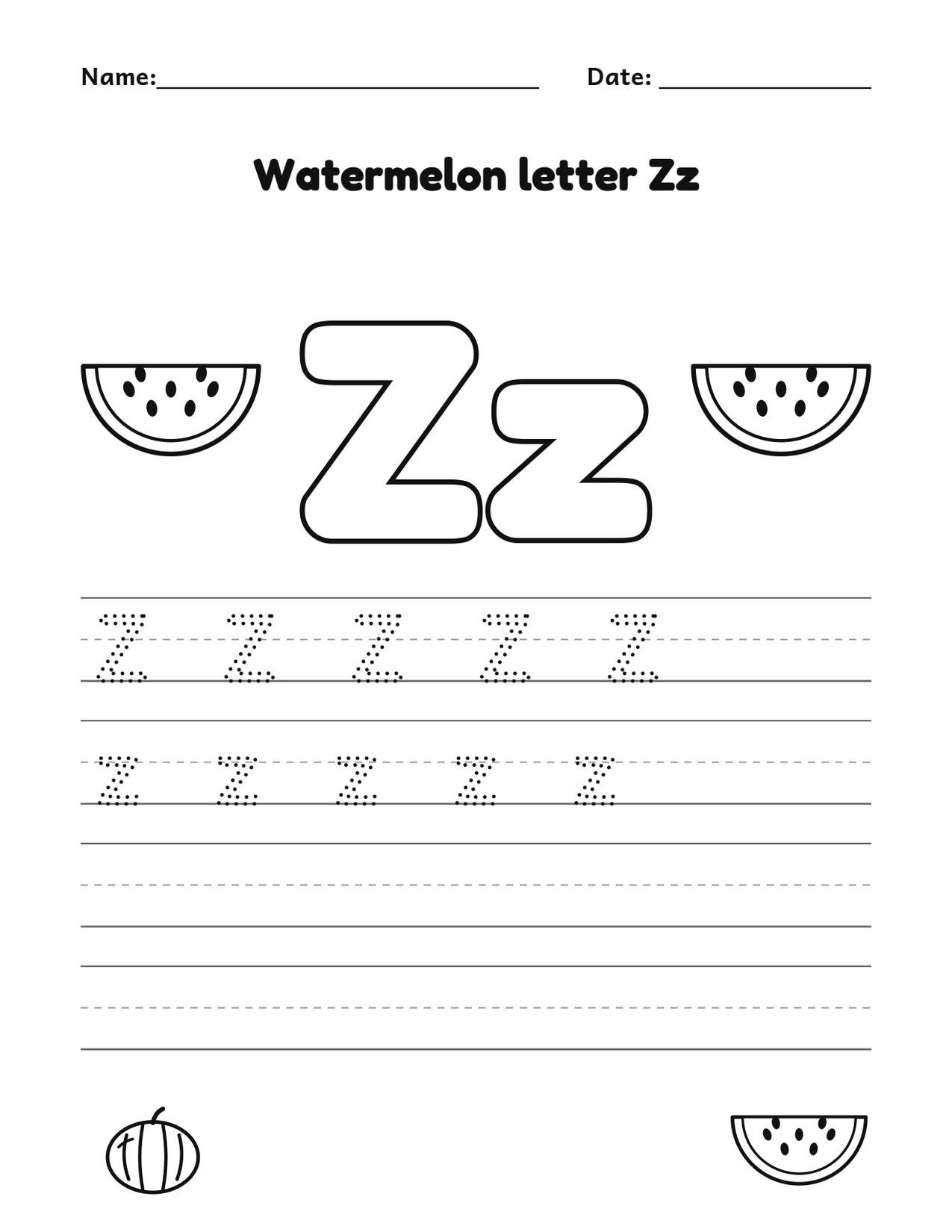 Watermelon letter Zz alphabet tracing and coloring page with watermelon slices