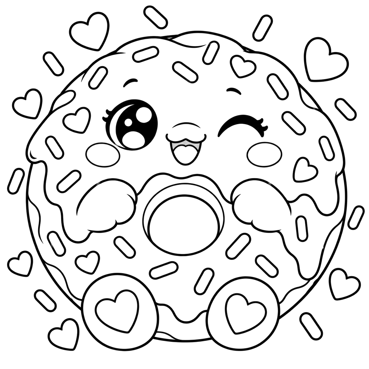 Winking Kawaii Donut: kawaii plush-style coloring page with big sparkly eyes to print and color