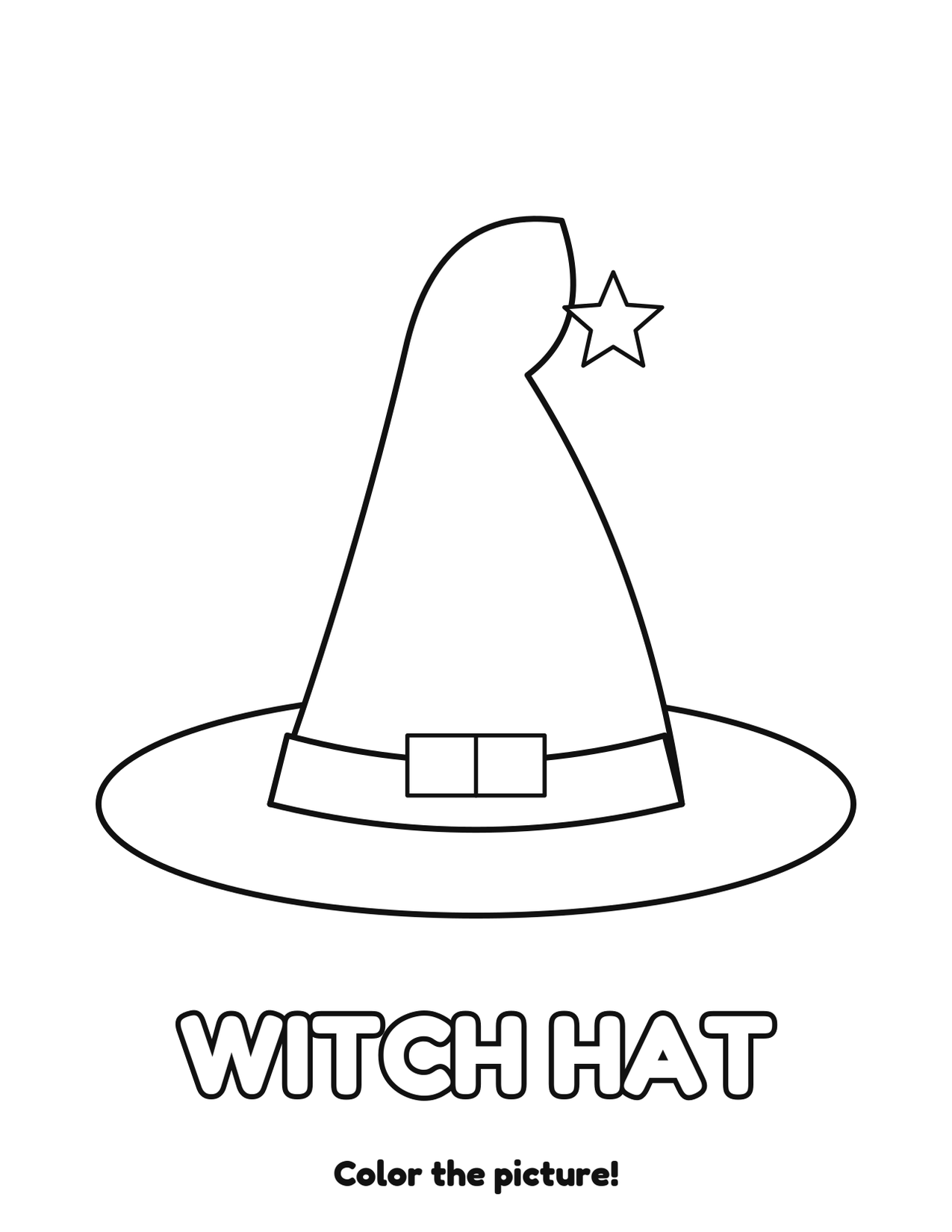 Witch hat Halloween coloring page to print and color with the word WITCH HAT