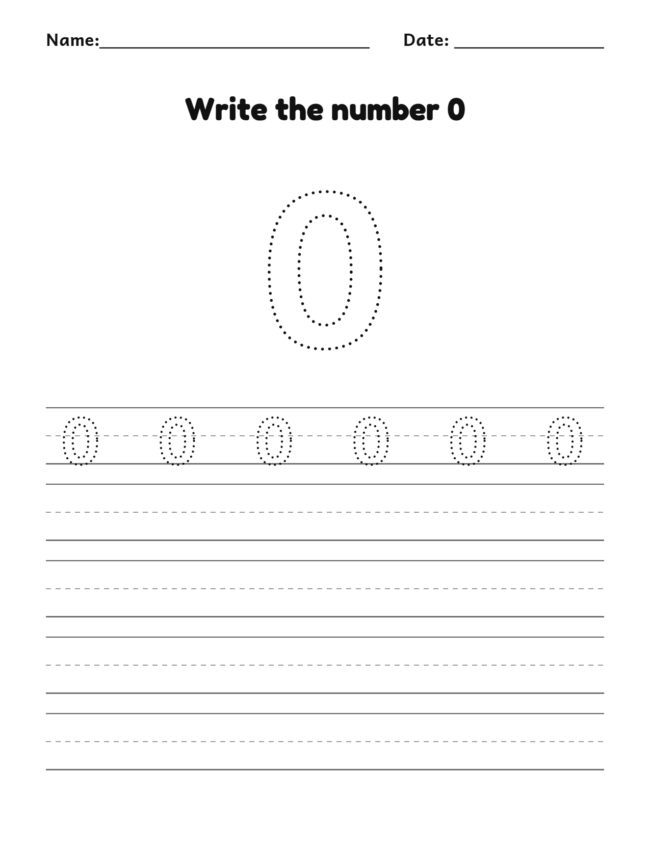 Write the number 0 (zero) practice worksheet with counting pictures and writing lines