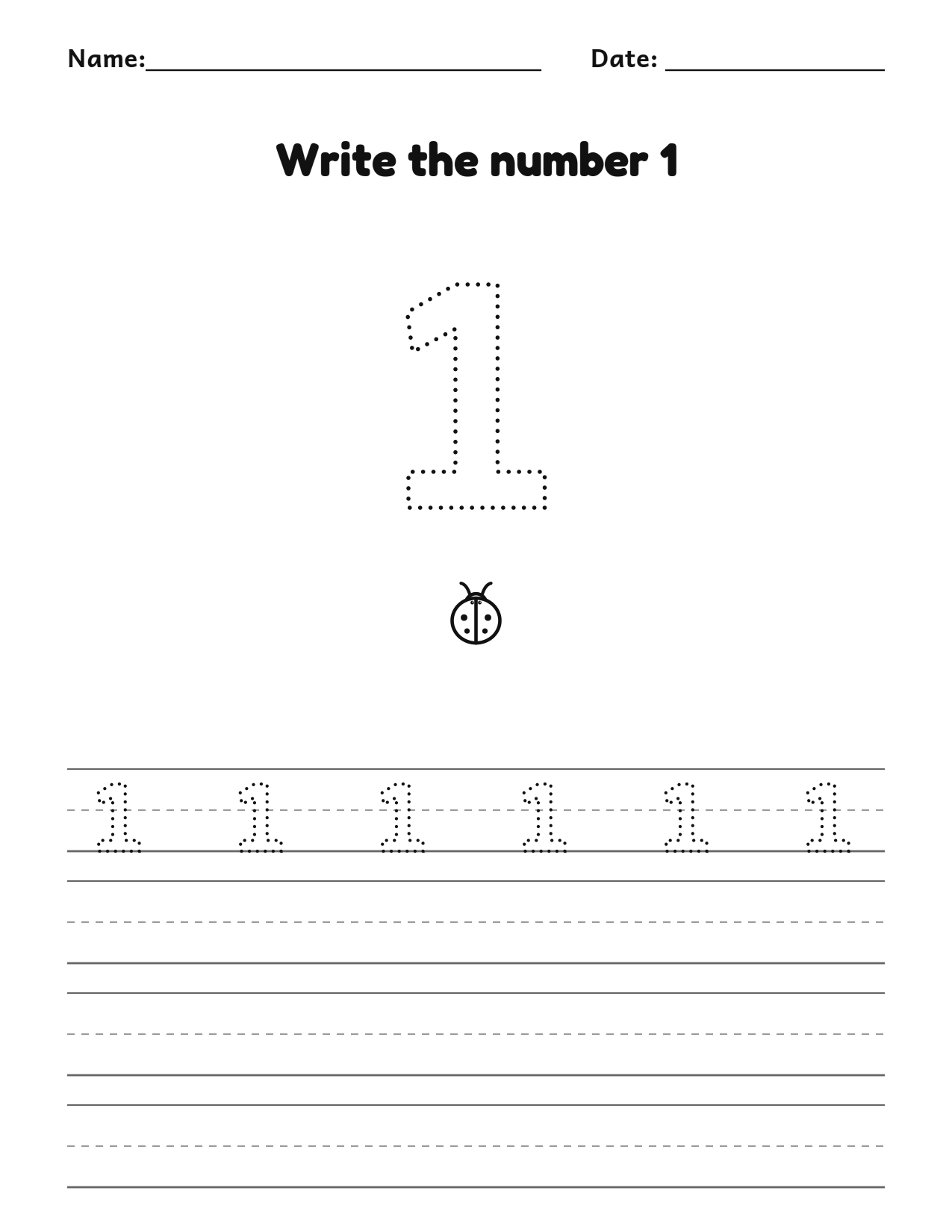 Write the number 1 (one) practice worksheet with counting pictures and writing lines