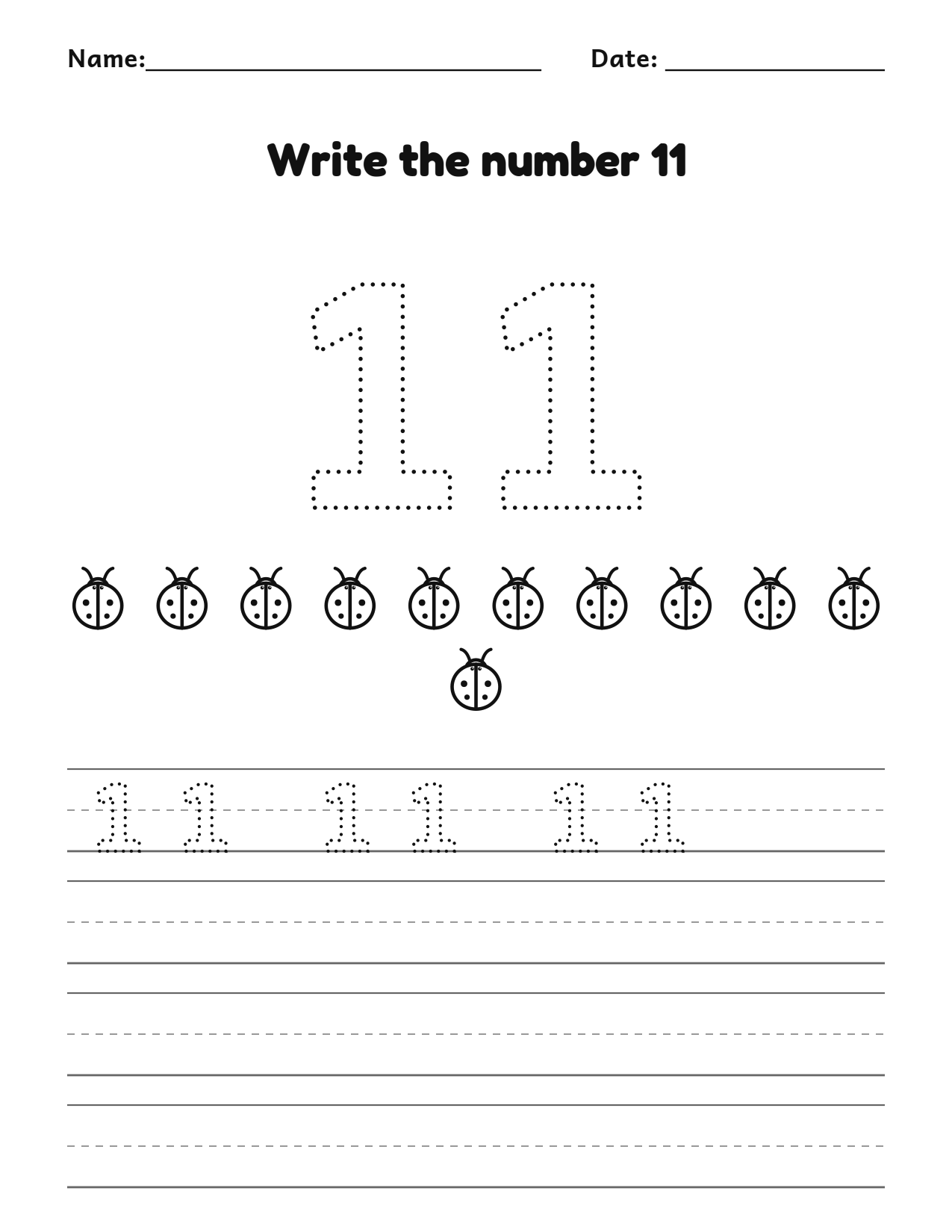 Write the number 11 (eleven) practice worksheet with counting pictures and writing lines