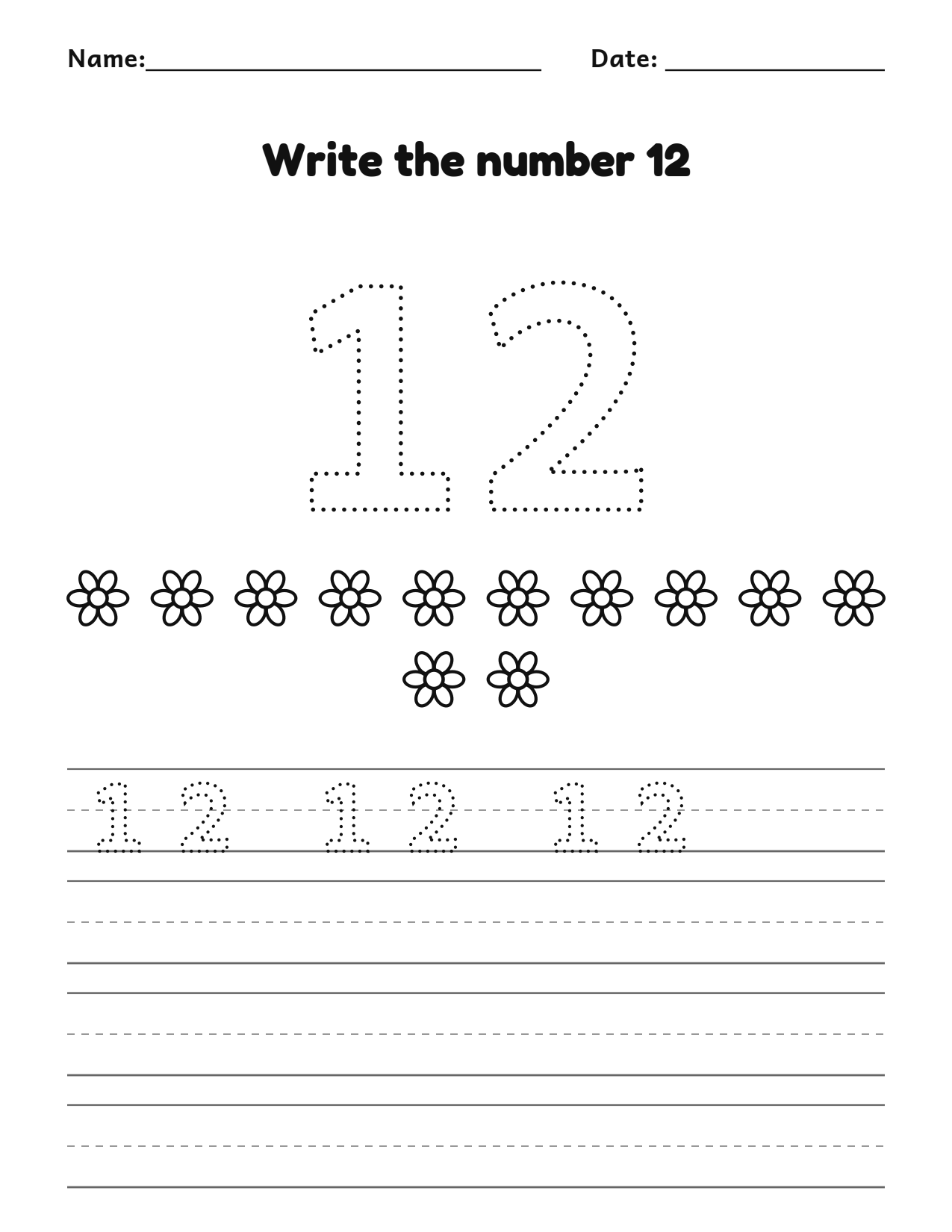 Write the number 12 (twelve) practice worksheet with counting pictures and writing lines