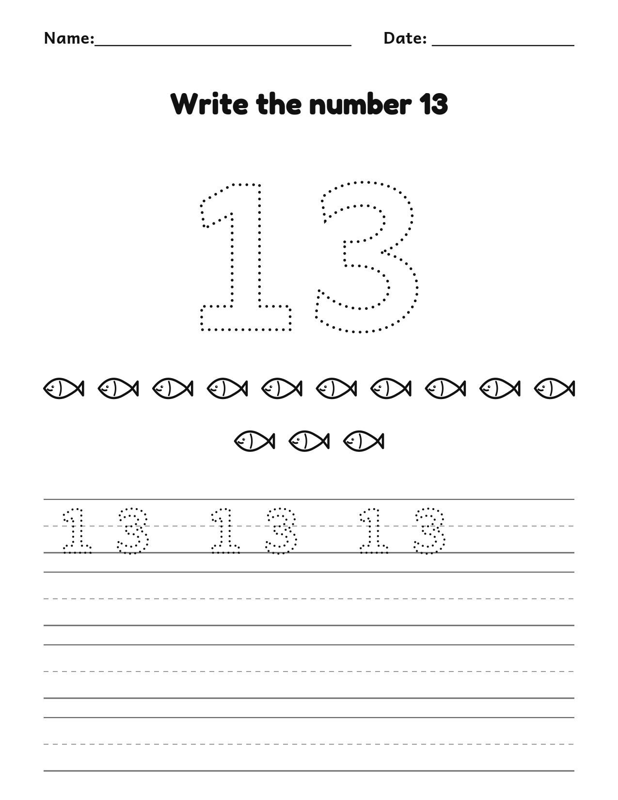 Write the number 13 (thirteen) practice worksheet with counting pictures and writing lines