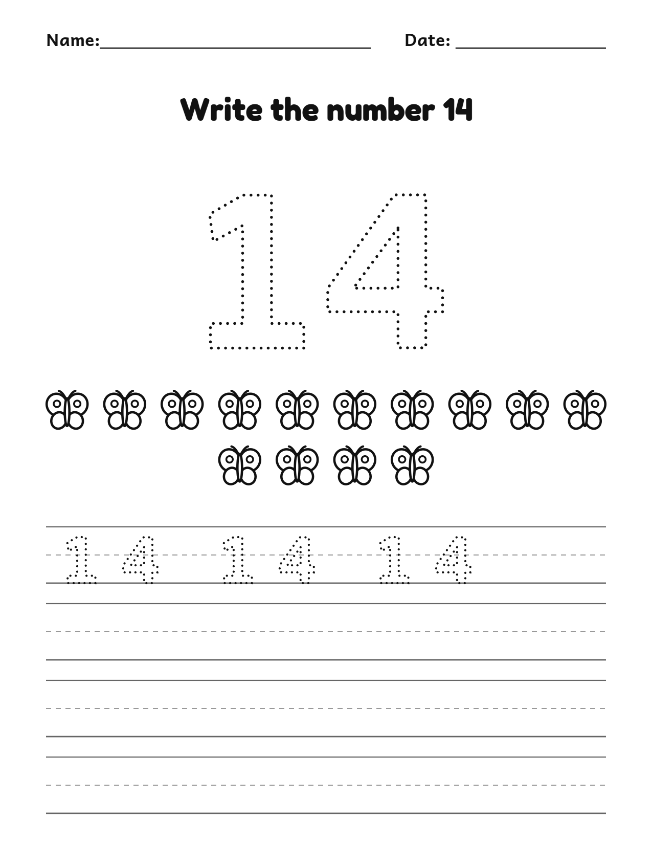 Write the number 14 (fourteen) practice worksheet with counting pictures and writing lines