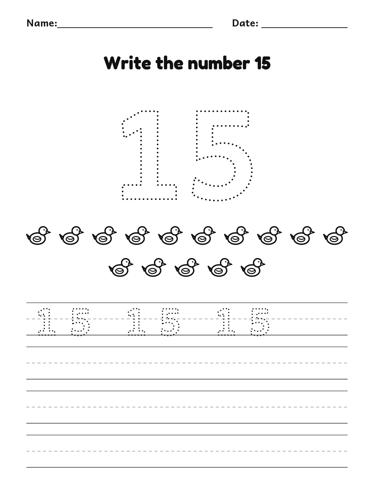 Write the number 15 (fifteen) practice worksheet with counting pictures and writing lines