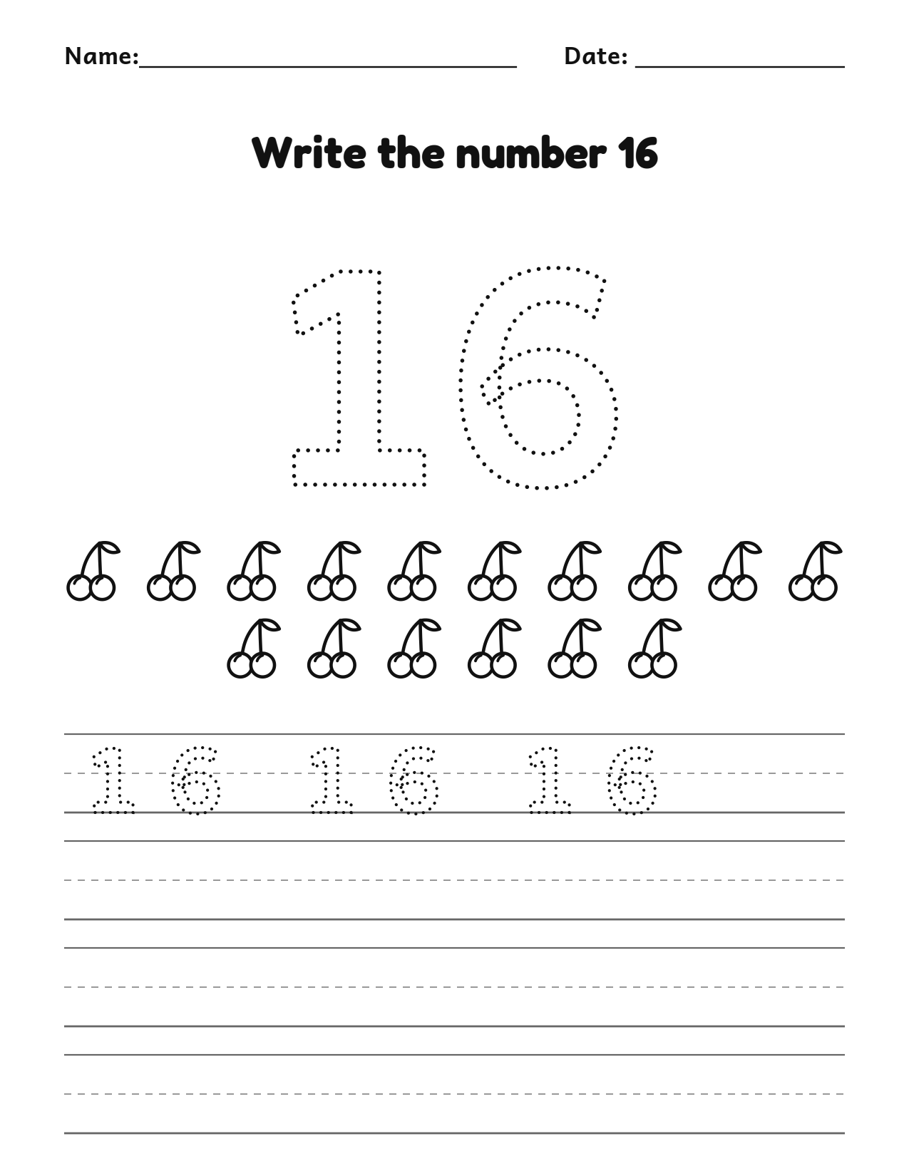 Write the number 16 (sixteen) practice worksheet with counting pictures and writing lines