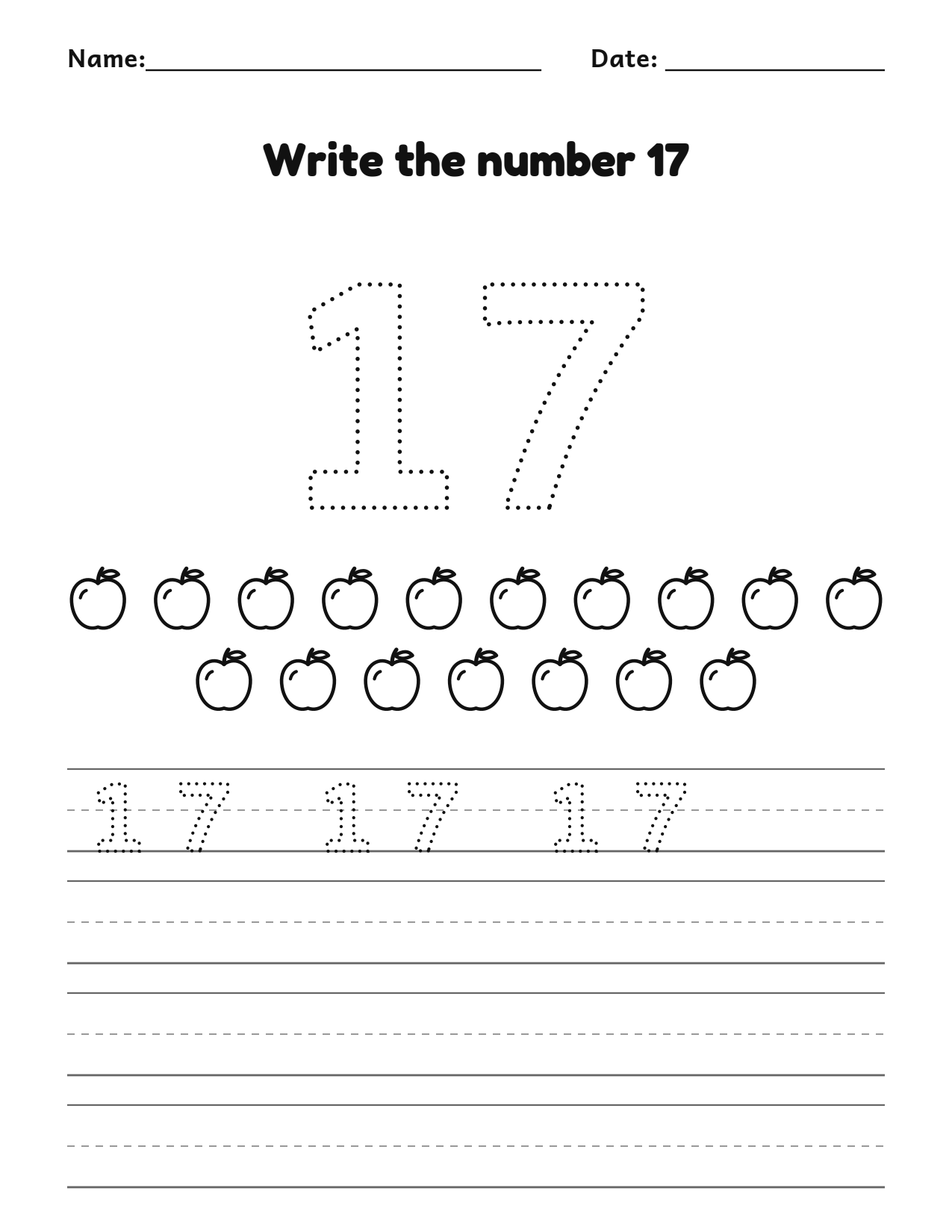 Write the number 17 (seventeen) practice worksheet with counting pictures and writing lines
