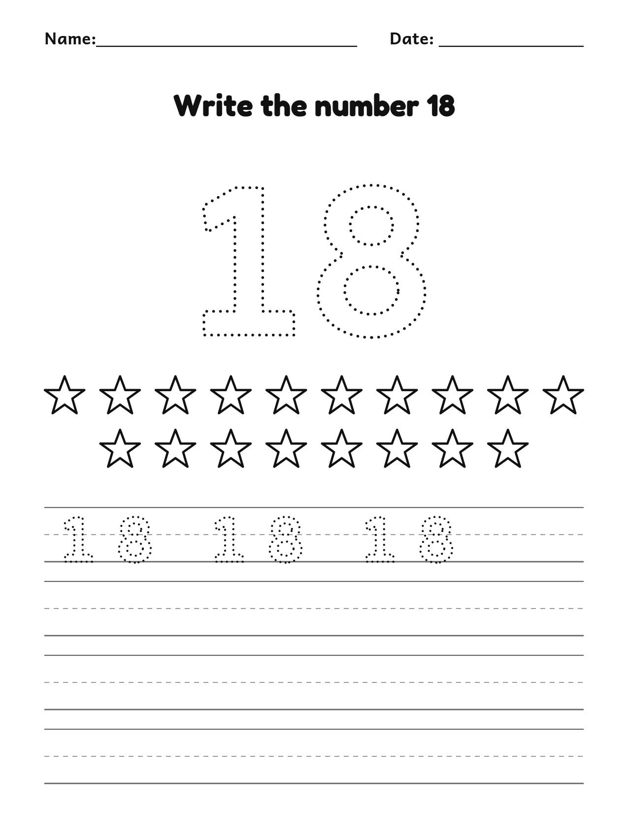 Write the number 18 (eighteen) practice worksheet with counting pictures and writing lines