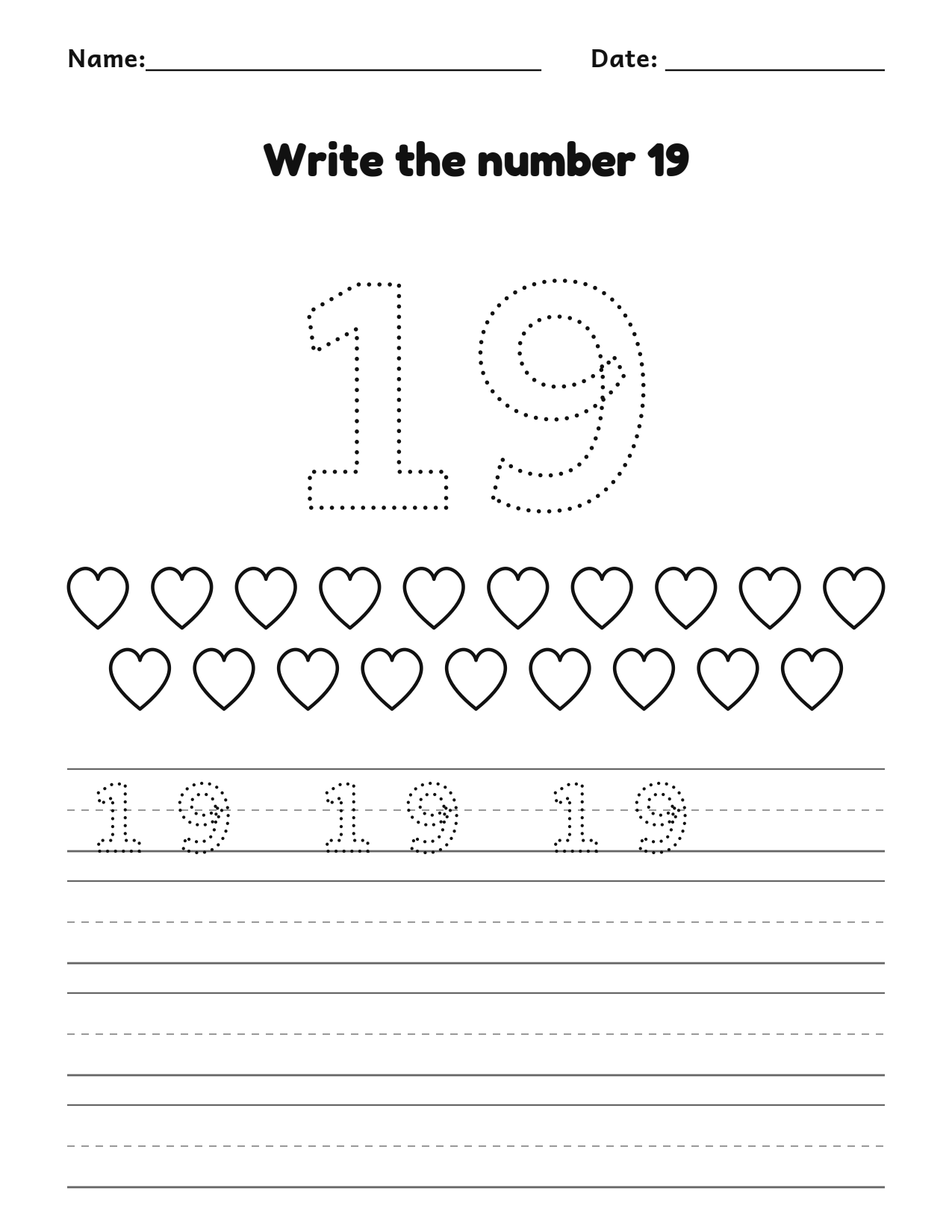 Write the number 19 (nineteen) practice worksheet with counting pictures and writing lines