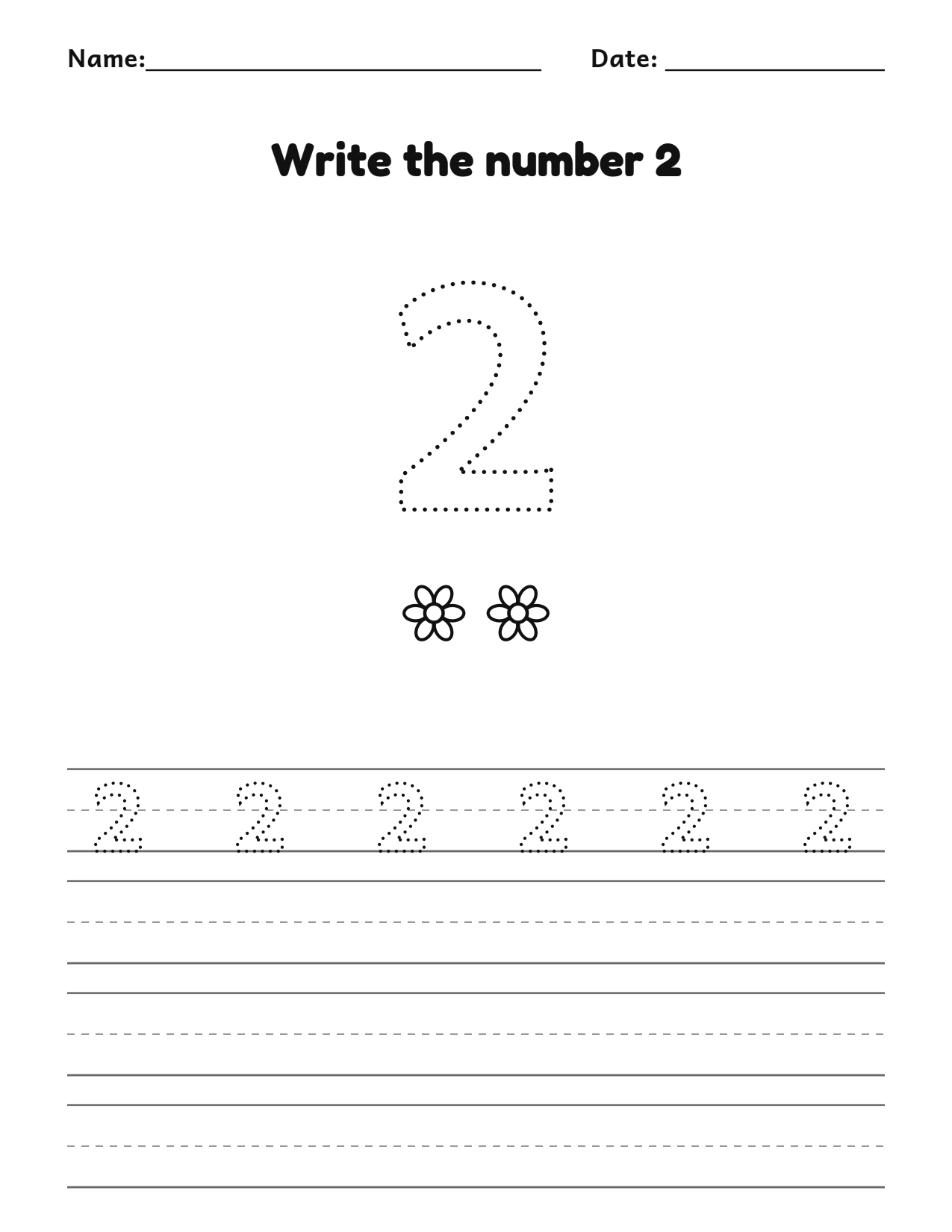 Write the number 2 (two) practice worksheet with counting pictures and writing lines