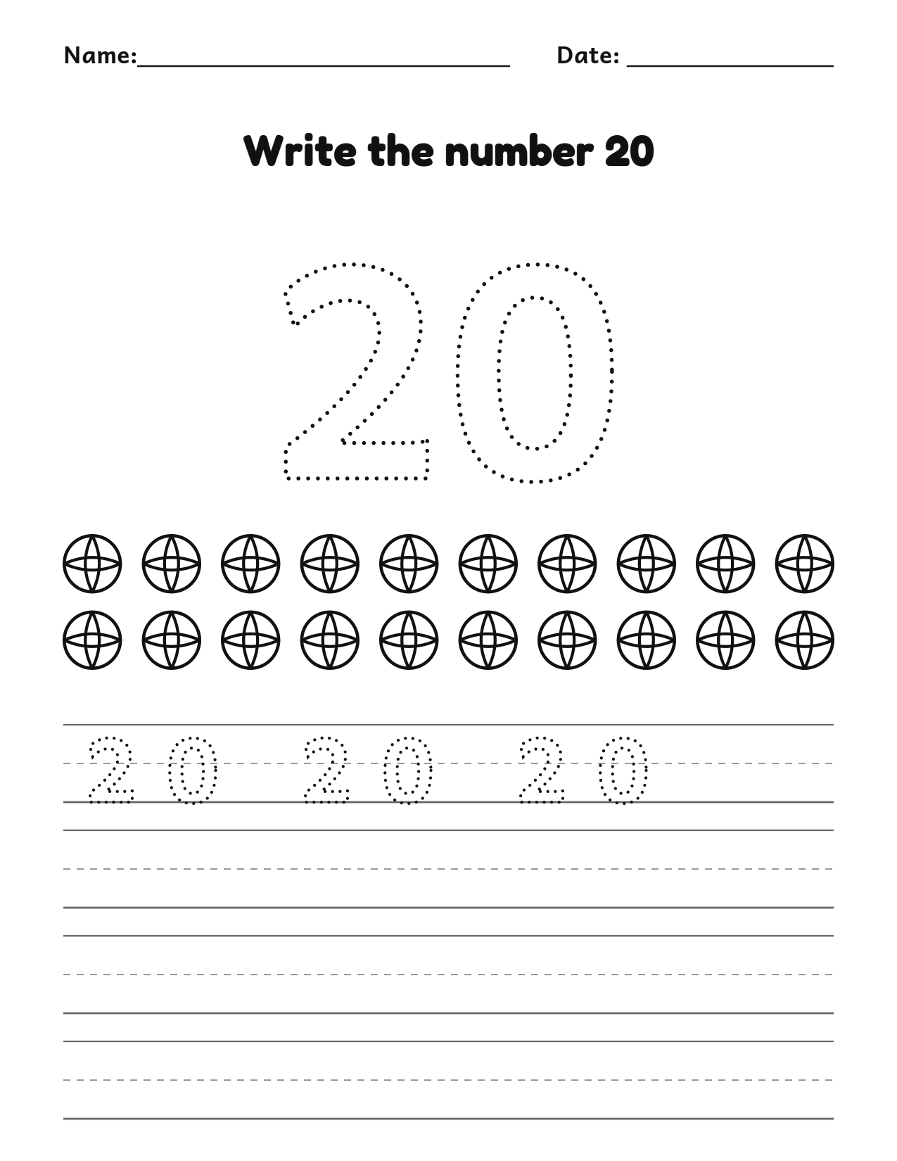 Write the number 20 (twenty) practice worksheet with counting pictures and writing lines