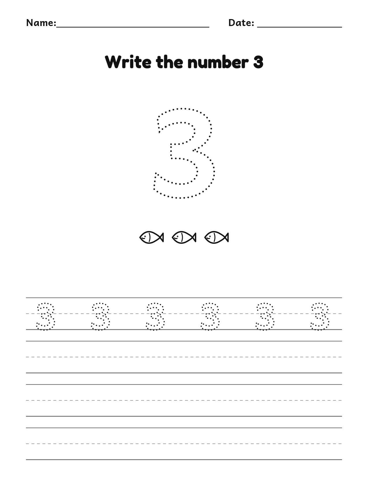 Write the number 3 (three) practice worksheet with counting pictures and writing lines
