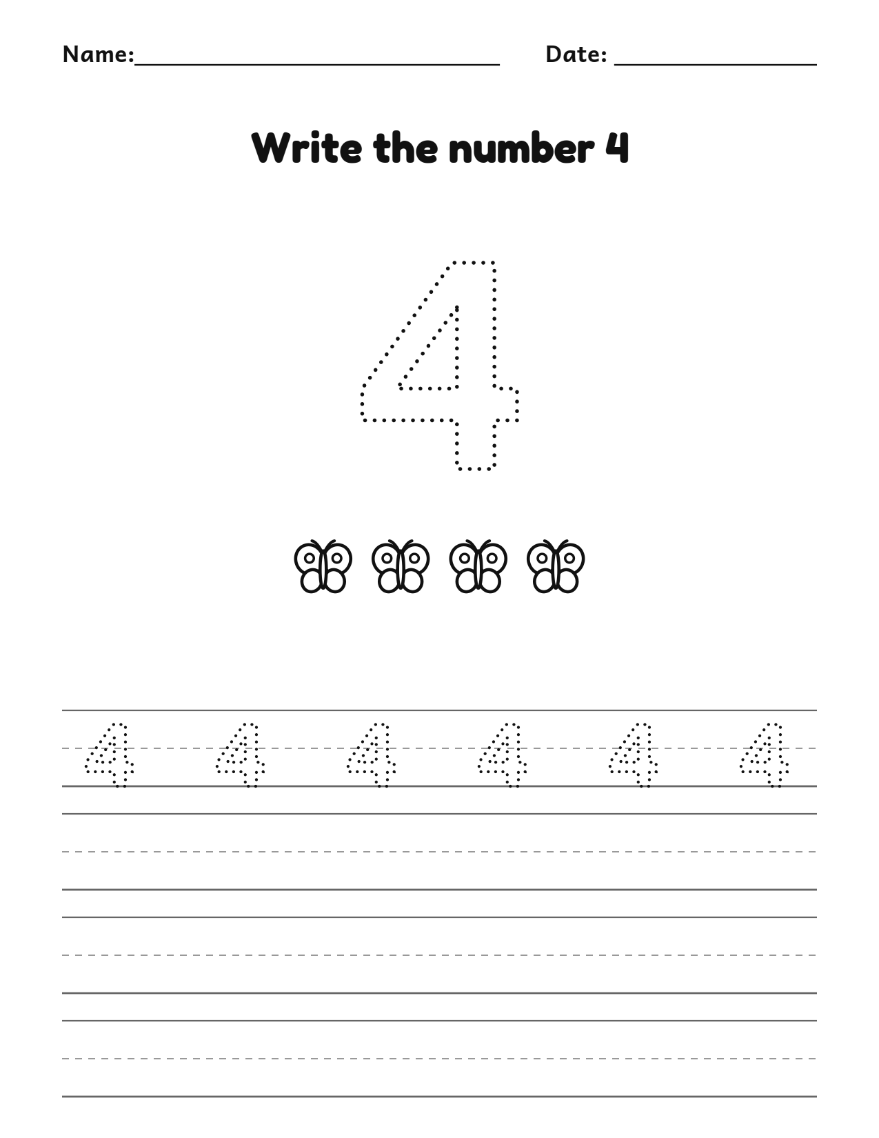 Write the number 4 (four) practice worksheet with counting pictures and writing lines