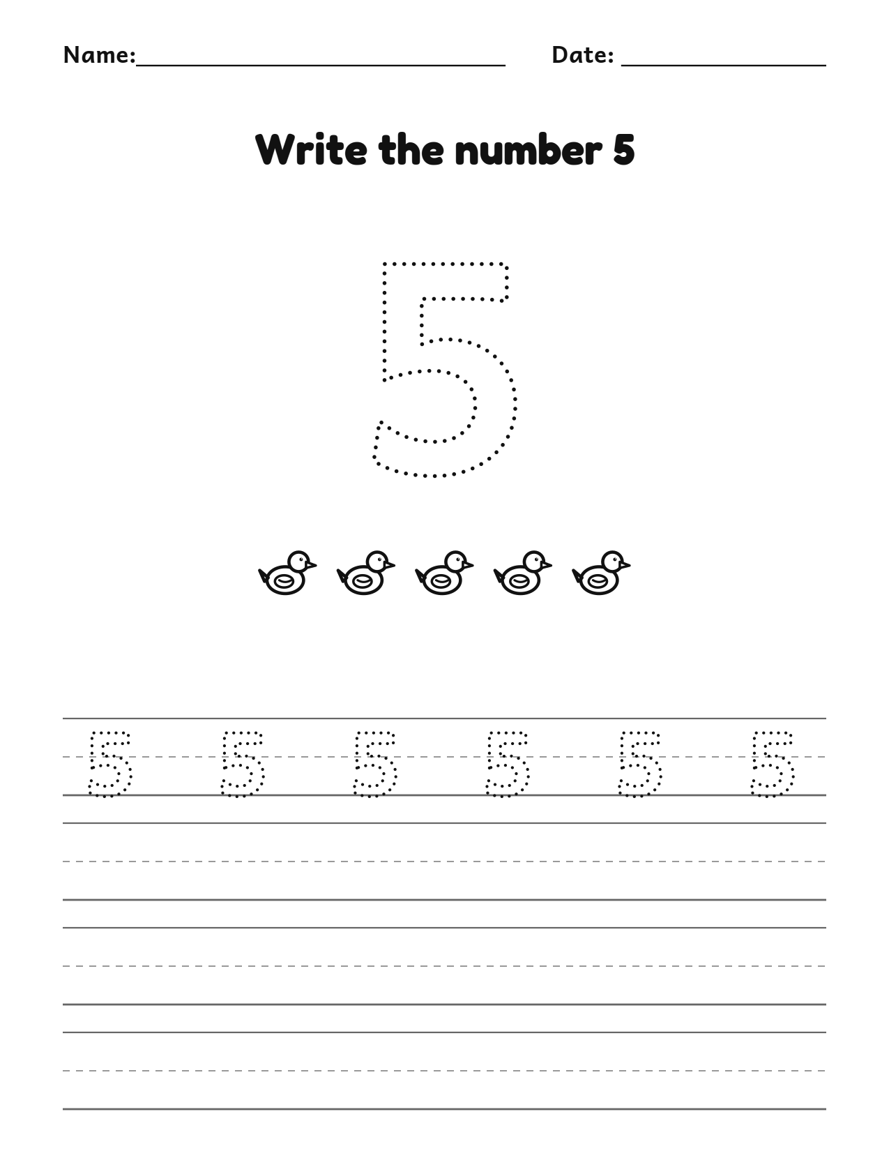 Write the number 5 (five) practice worksheet with counting pictures and writing lines