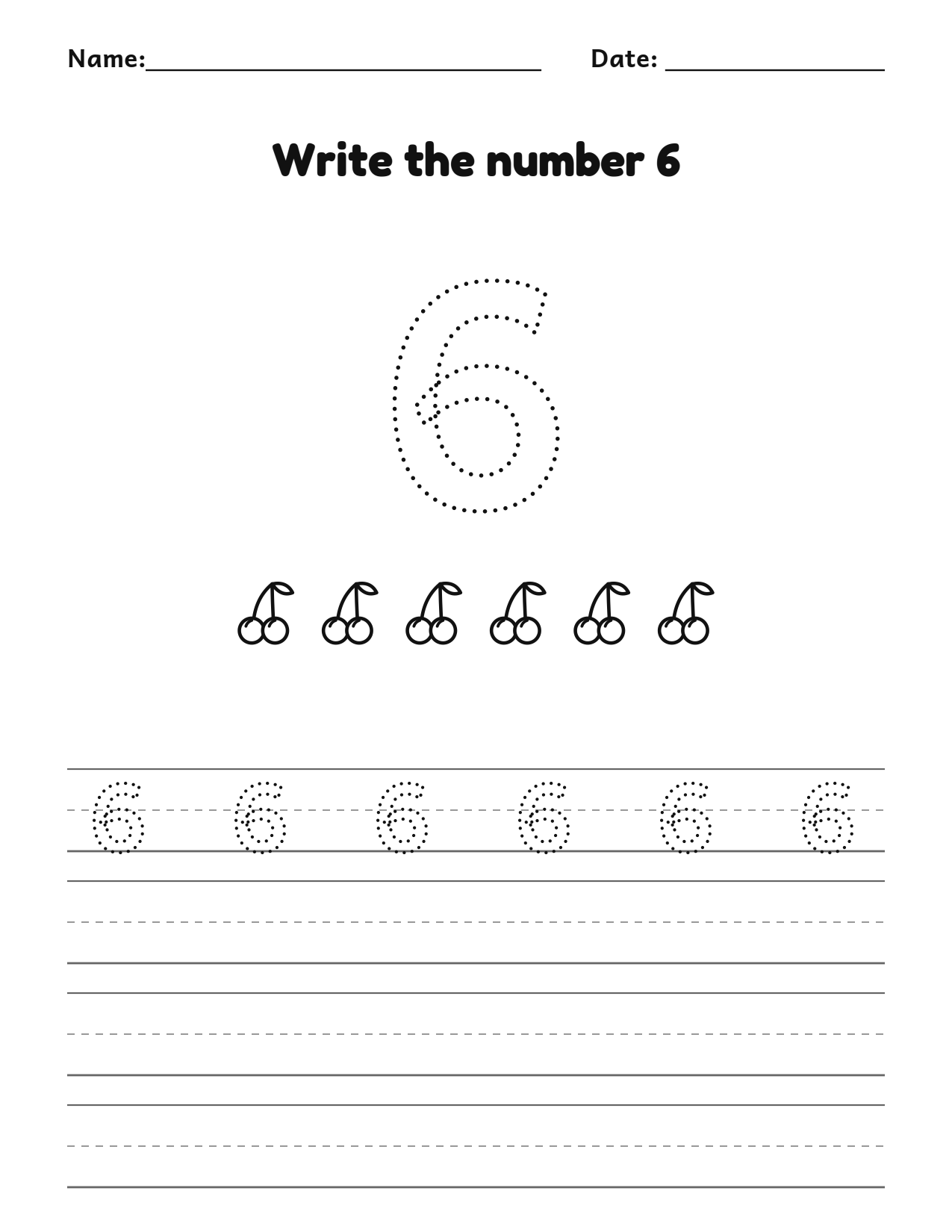 Write the number 6 (six) practice worksheet with counting pictures and writing lines