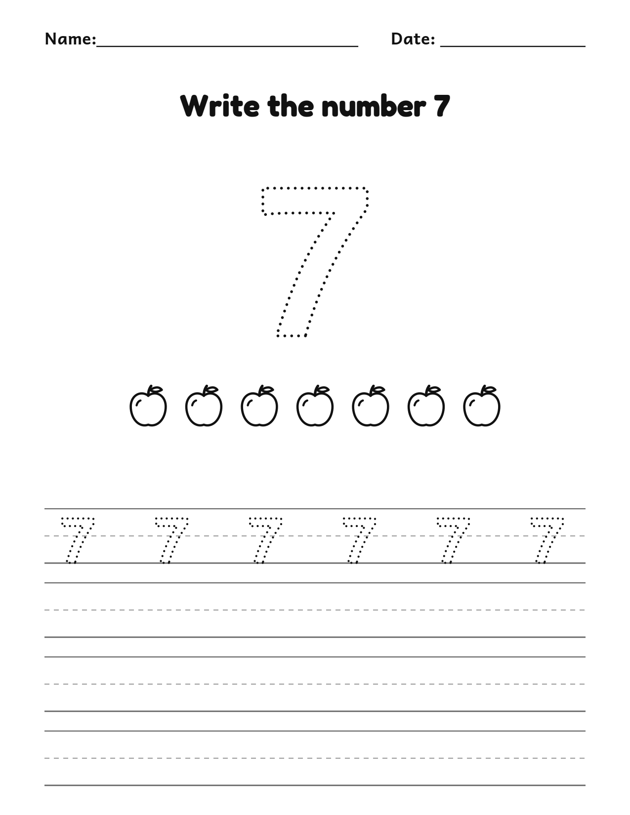 Write the number 7 (seven) practice worksheet with counting pictures and writing lines